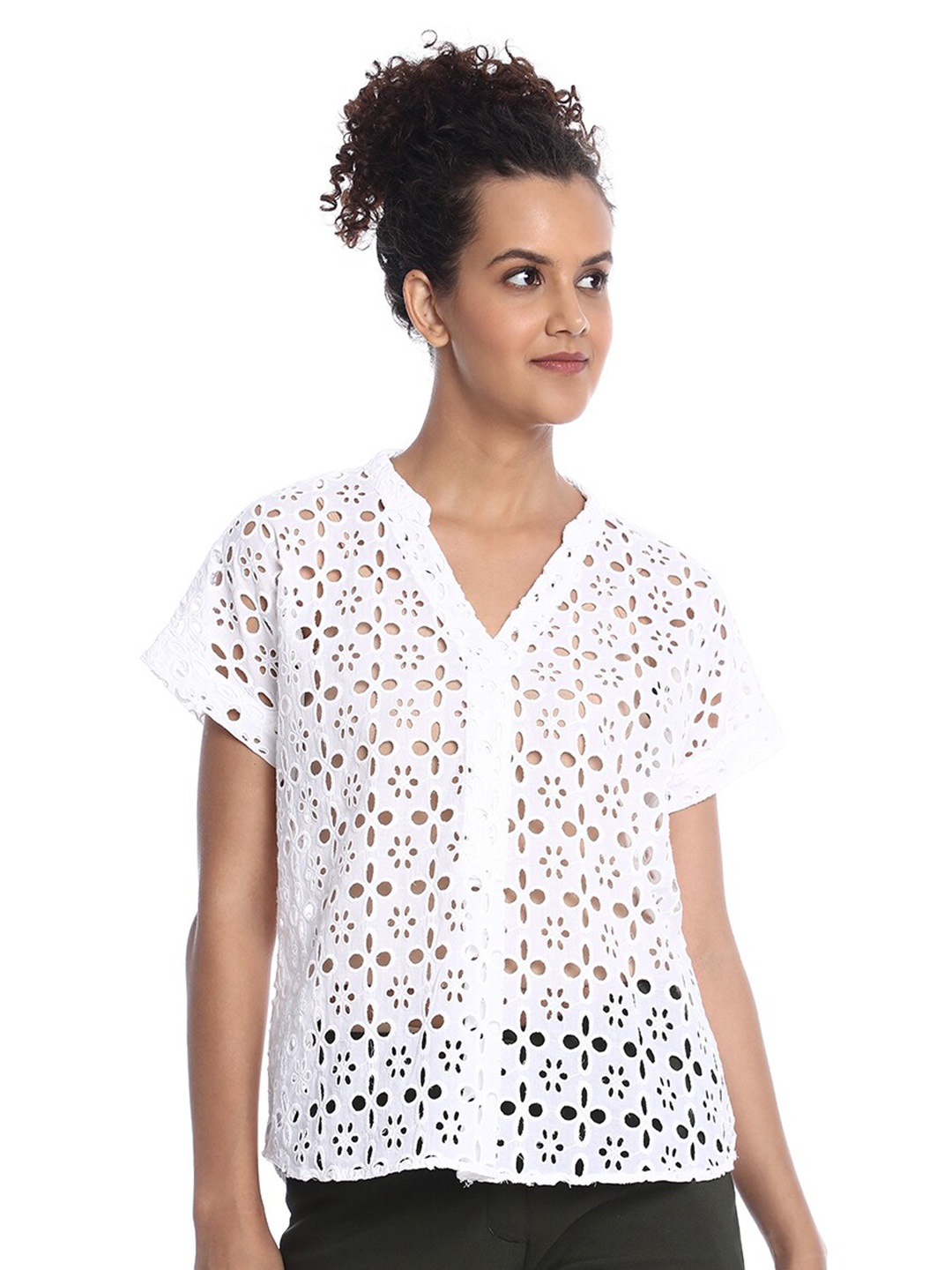 

Gazillion Shiffli Edgy Mandarin Collar Pure Cotton Shirt Styled Top, White