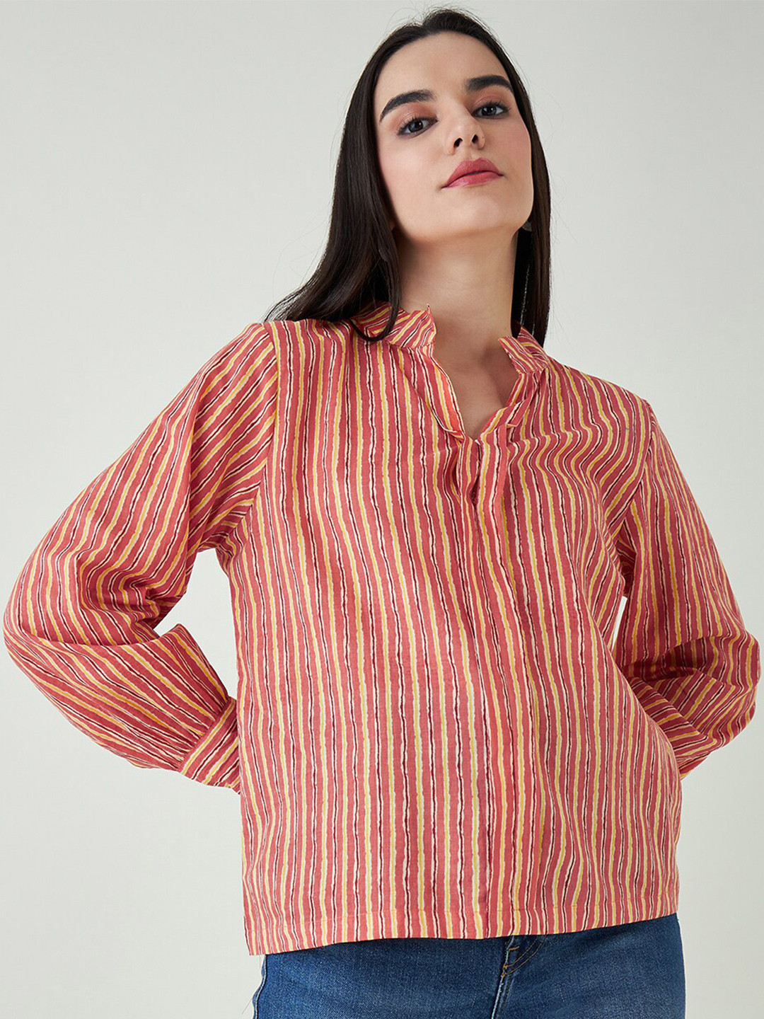 

Mast & Harbour Striped Mandarin Collar Shirt Style Cotton Top, Red