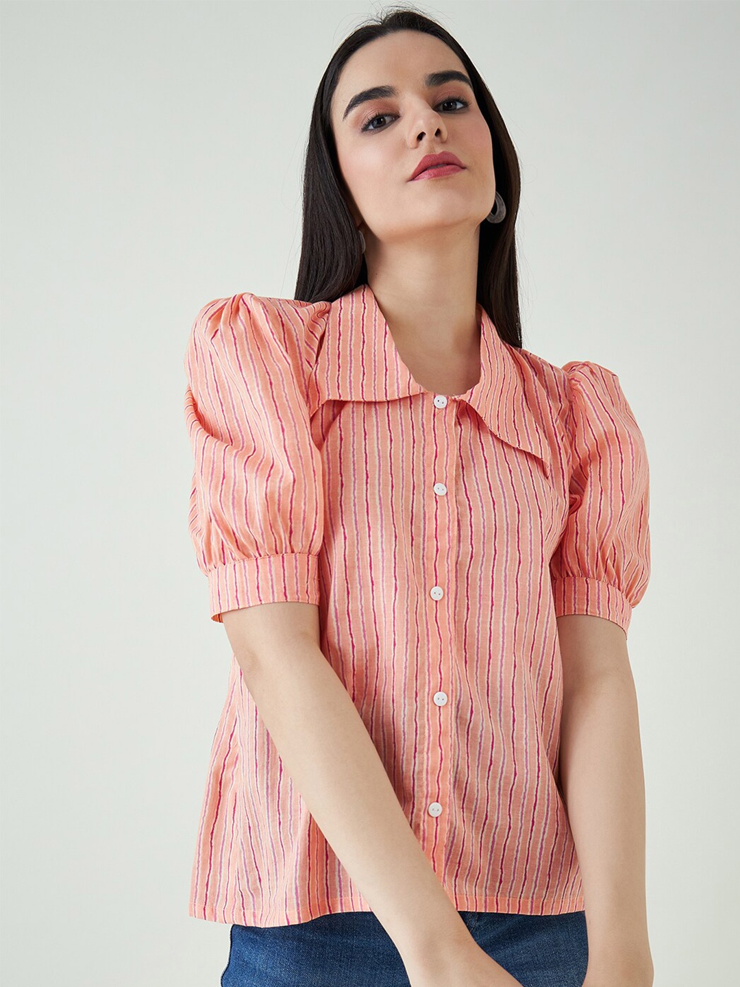 

Mast & Harbour Peach-Coloured Striped Puff Sleeve Shirt Style Cotton Top