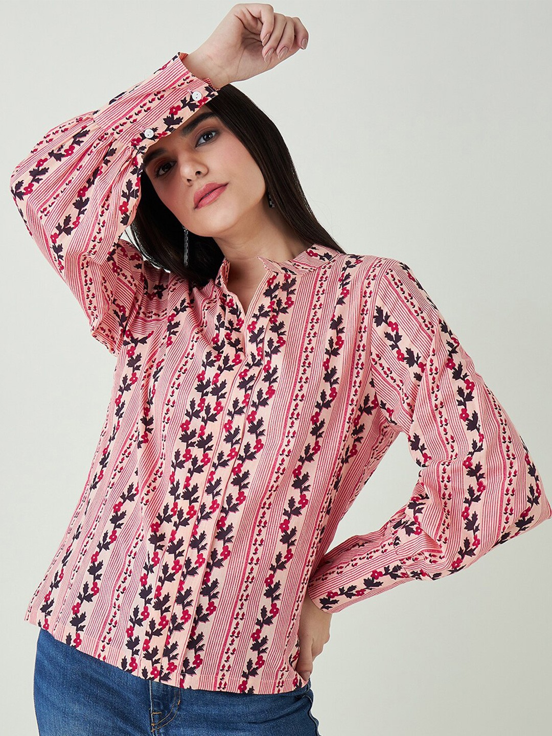 

Mast & Harbour Floral Printed Mandarin Collar Shirt Style Cotton Top, Pink