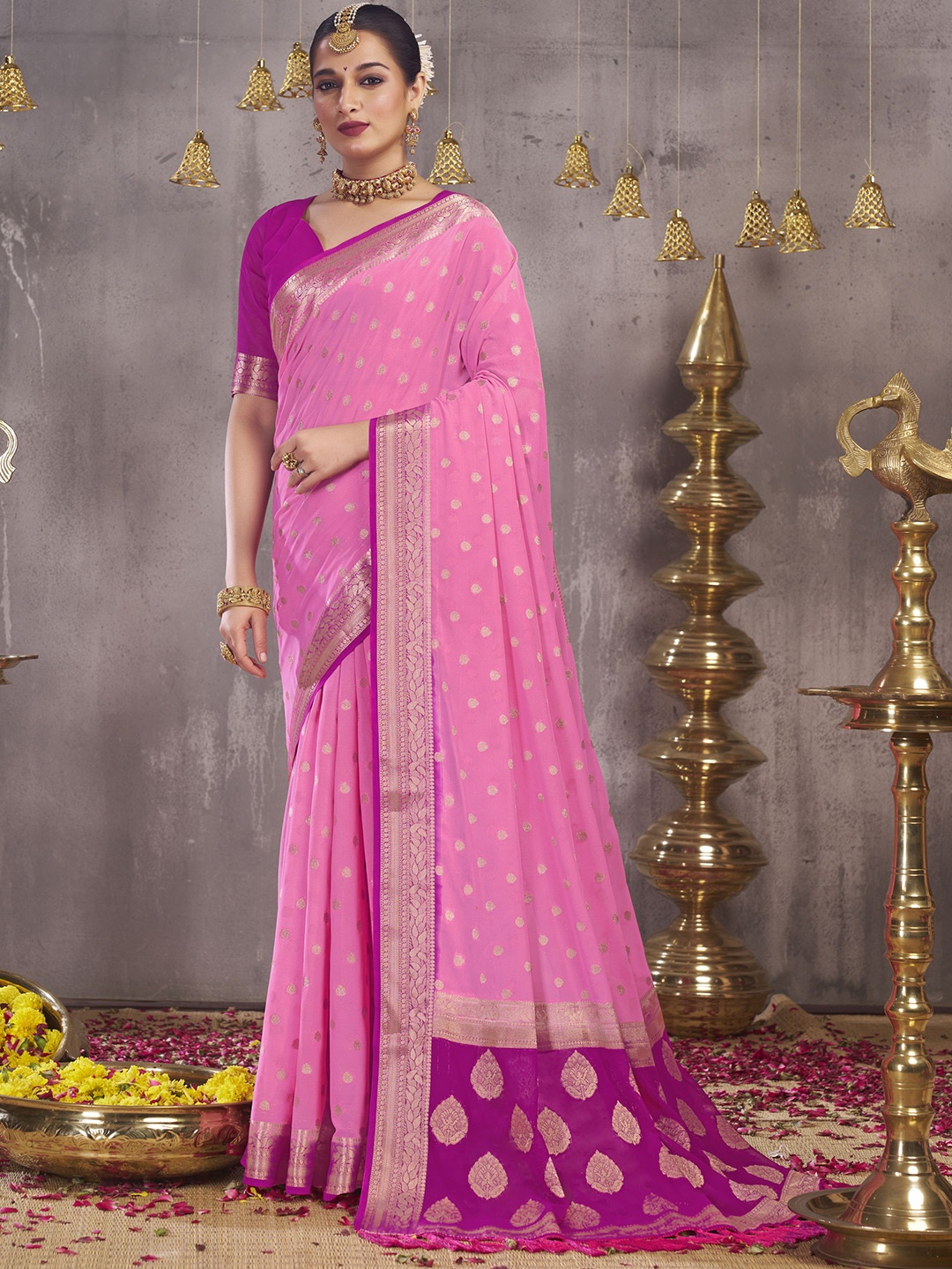 

V3 FASHION STUDIO Pure Georgette Banarasi Saree, Pink