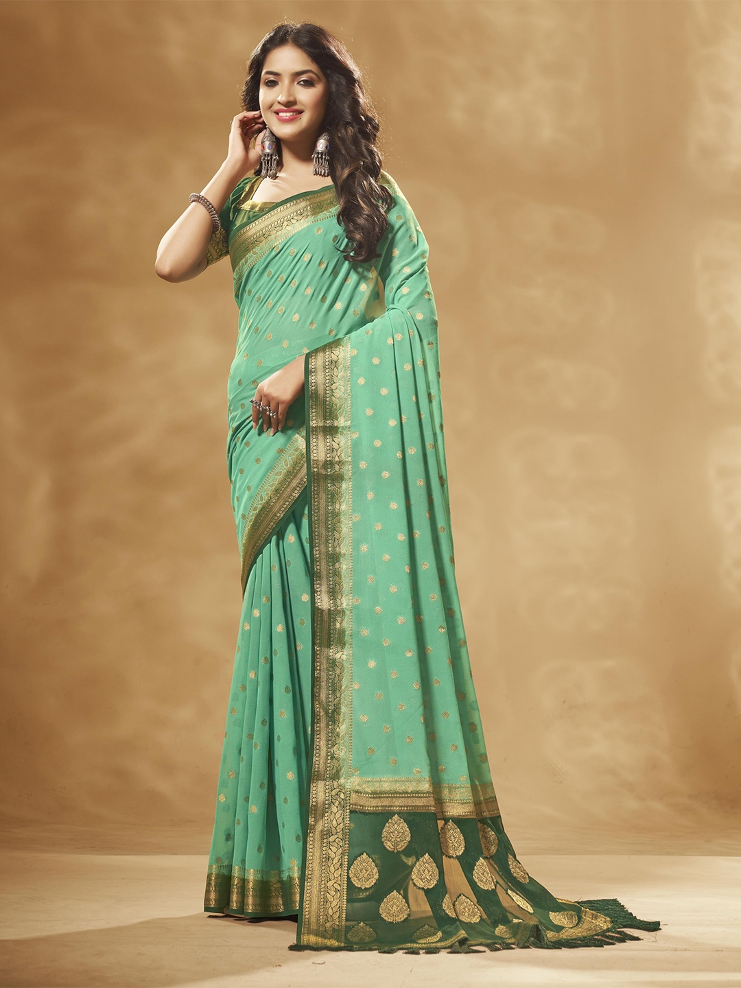 

V3 FASHION STUDIO Turquoise Pure Georgette Banarasi Saree, Turquoise blue