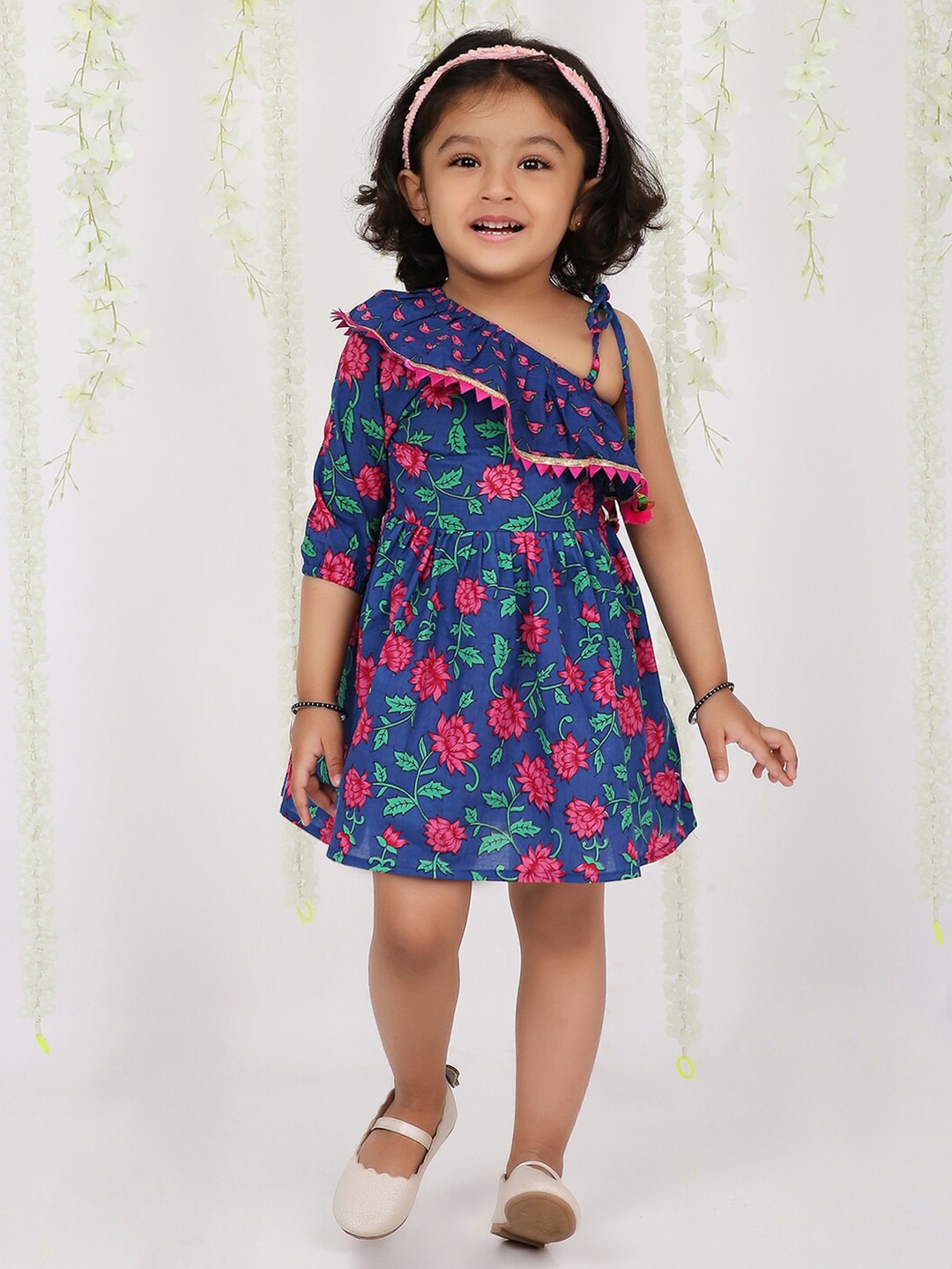 

KID1 Girls Floral Printed One Shoulder Cotton Short Dress, Blue