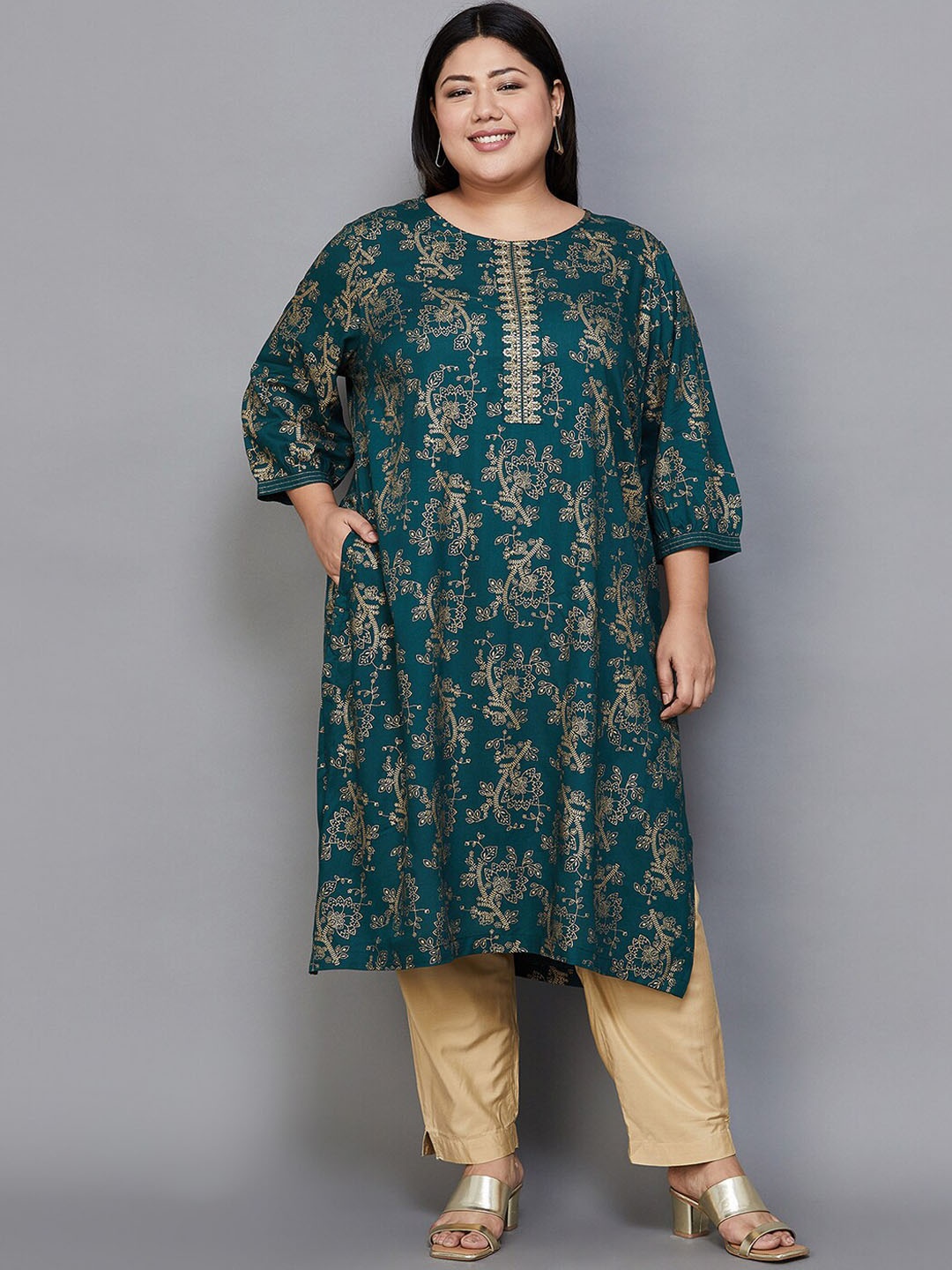 

Moiree by Lifestyle Plus Size Floral Printed Straight Kurta, Green