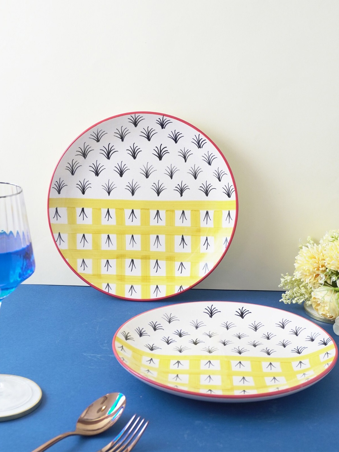 

The Decor Mart Yellow & White 2 Pieces Printed Ceramic Matte Plates