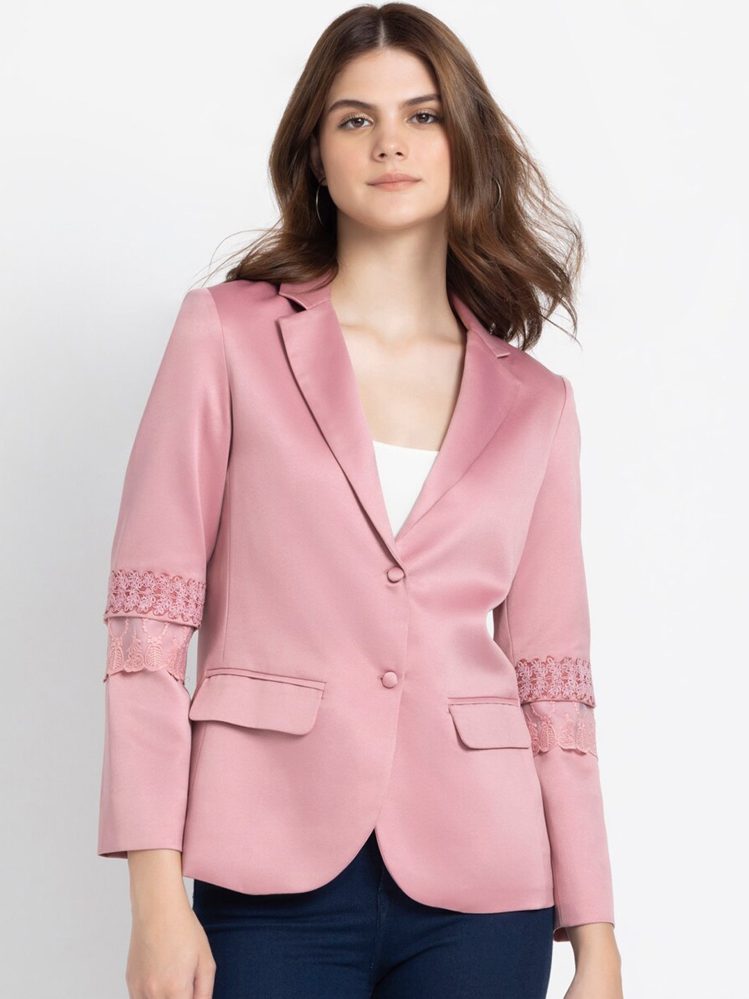 

SHAYE Notched Lapel Single Breasted Blazer, Pink