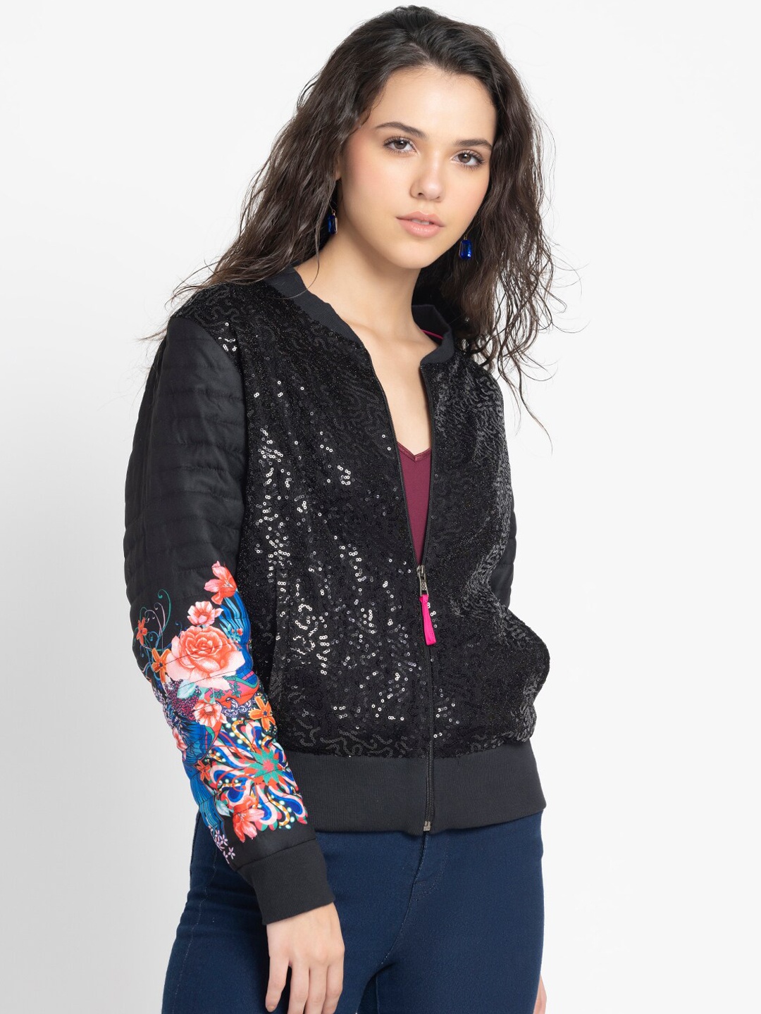 

SHAYE Floral Printed Bomber Jacket With Sequined, Black