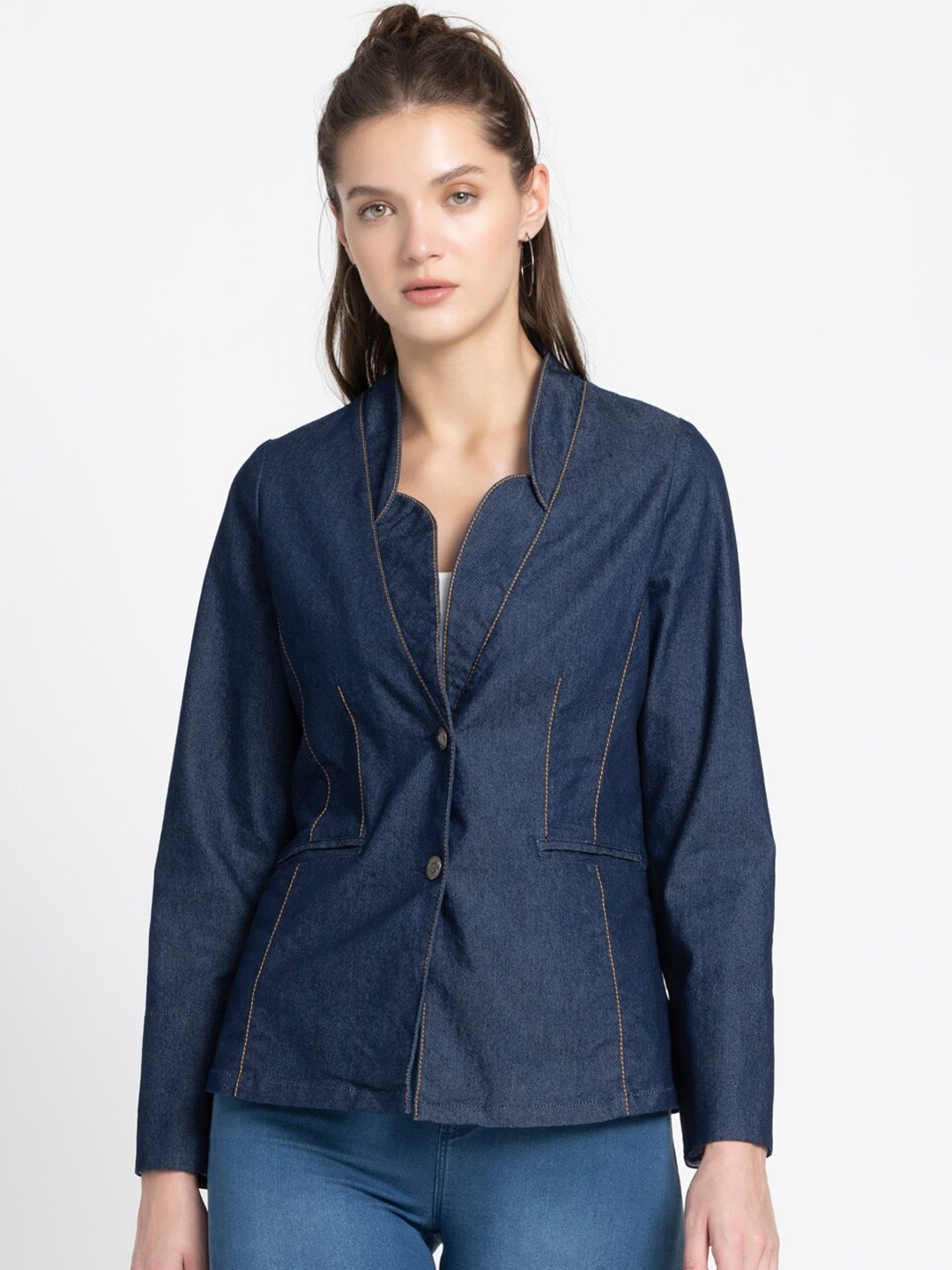 

SHAYE Premium Cotton Denim Contrast Stritch Extended Collar Jacket, Blue