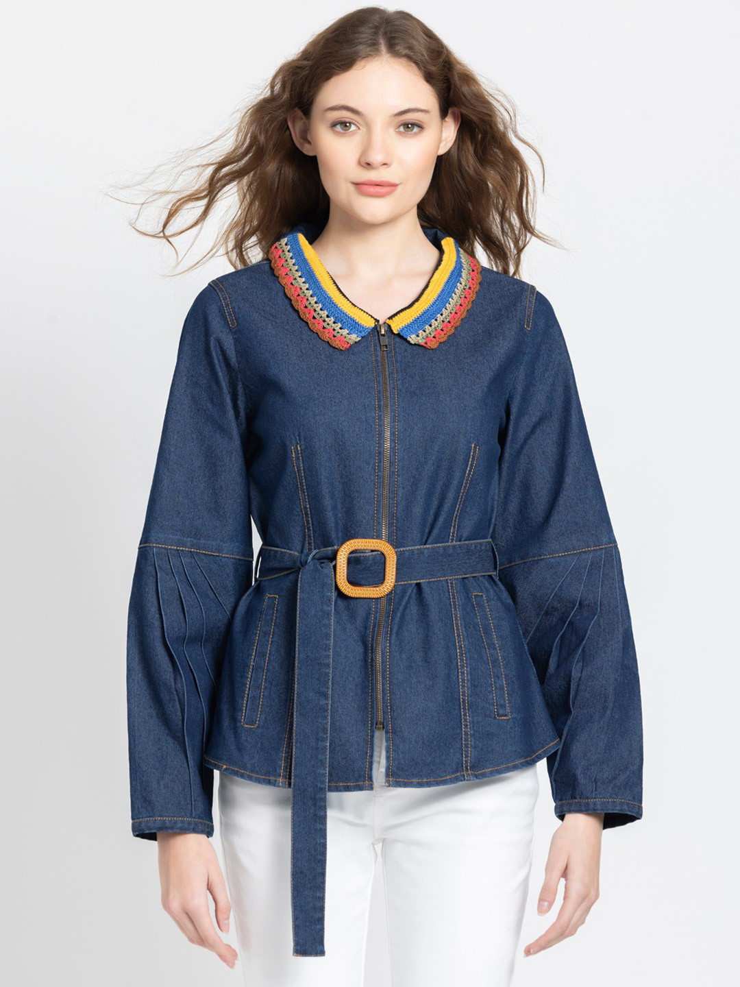 

SHAYE Stretchable Washed Cotton Denim Embroidery Peter Pan Collar Belt Zipper Jacket, Blue