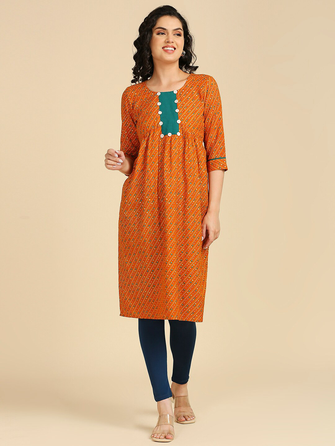

GUFRINA Bandhani Printed Round Neck A-Line Kurta, Orange
