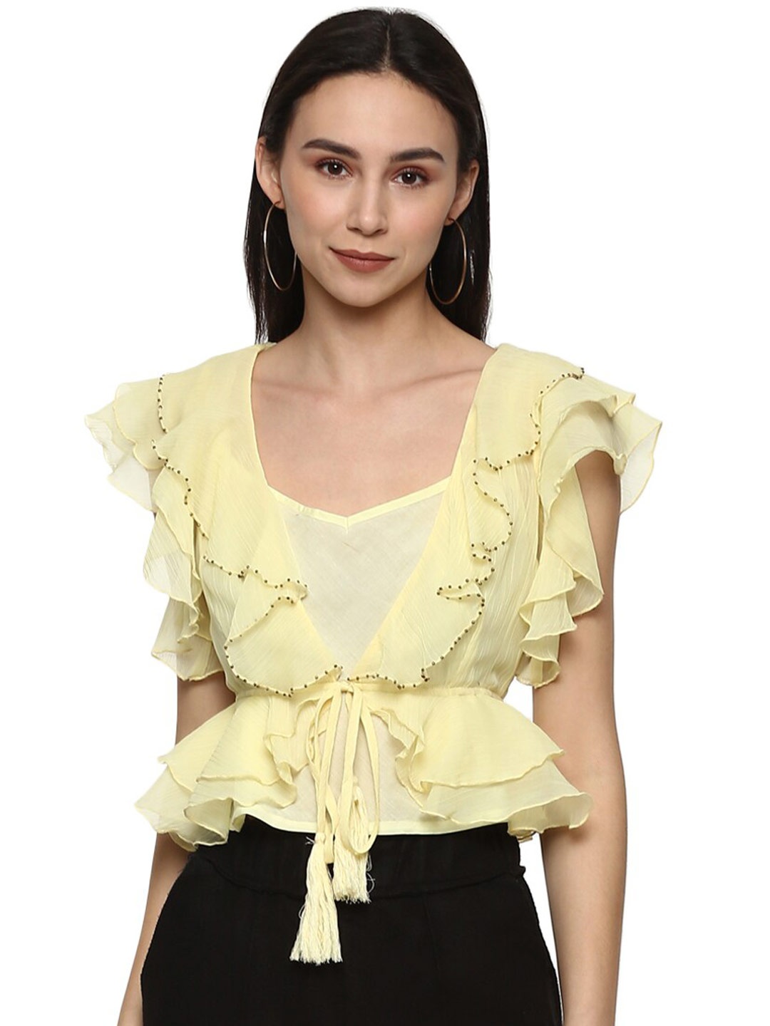 

Porsorte Embellished Ruffled Crop Tie-Up Shrug, Yellow