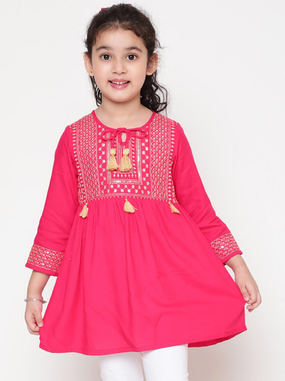 

BAESD Girls Ethnic Motifs Yoke Design Sequinned Detailed A-Line Kurti, Pink