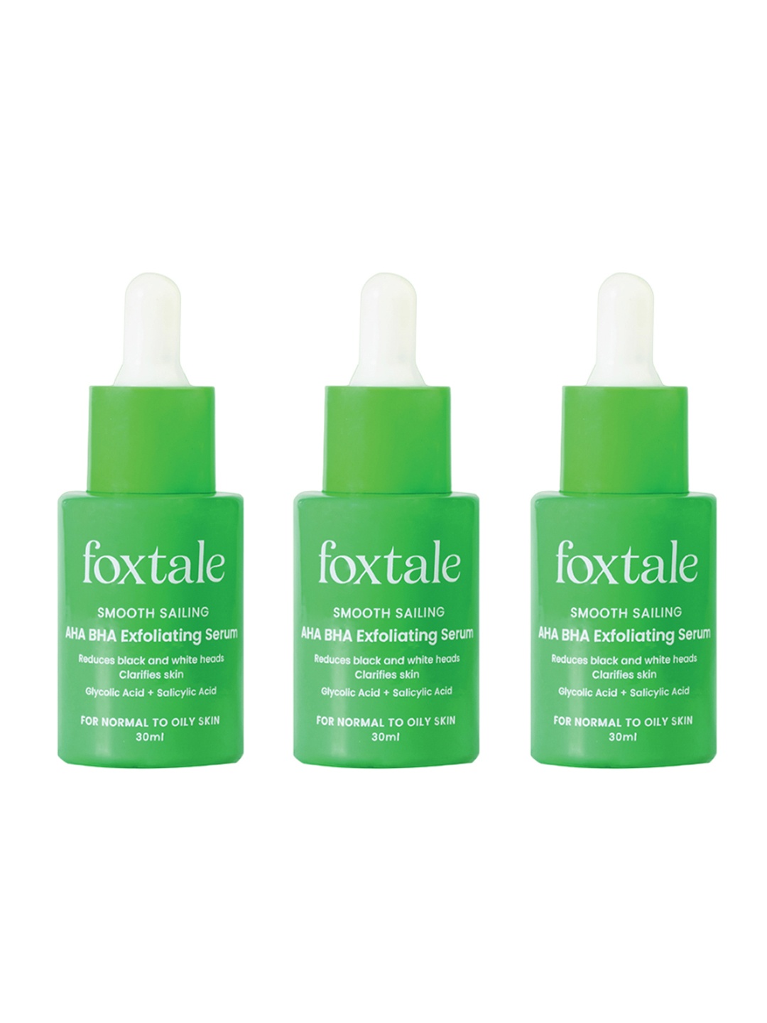 

FoxTale Set of 3 Smooth Sailing AHA BHA Exfoliating Serum For Acne Blackheads - 30ml Each, Green