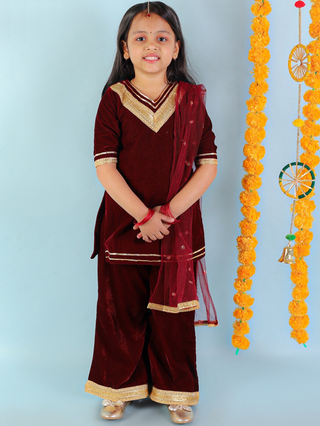 

KID1 Girls Gotta Patti Velvet Straight Kurti With Sharara & Dupatta, Maroon