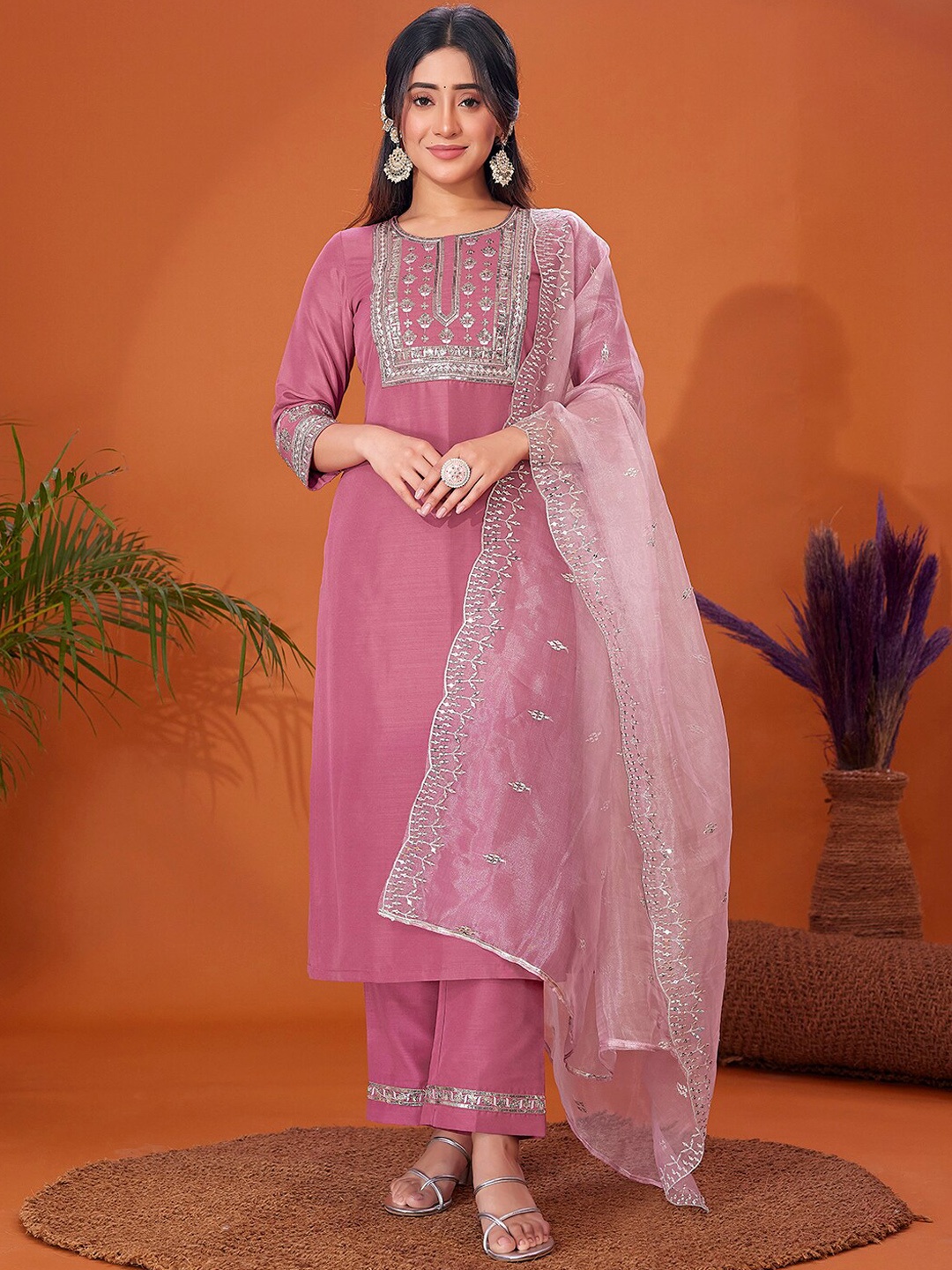 

KALINI Ethnic Motifs Embroidered Round Neck Kurta with Trousers & Dupatta, Pink