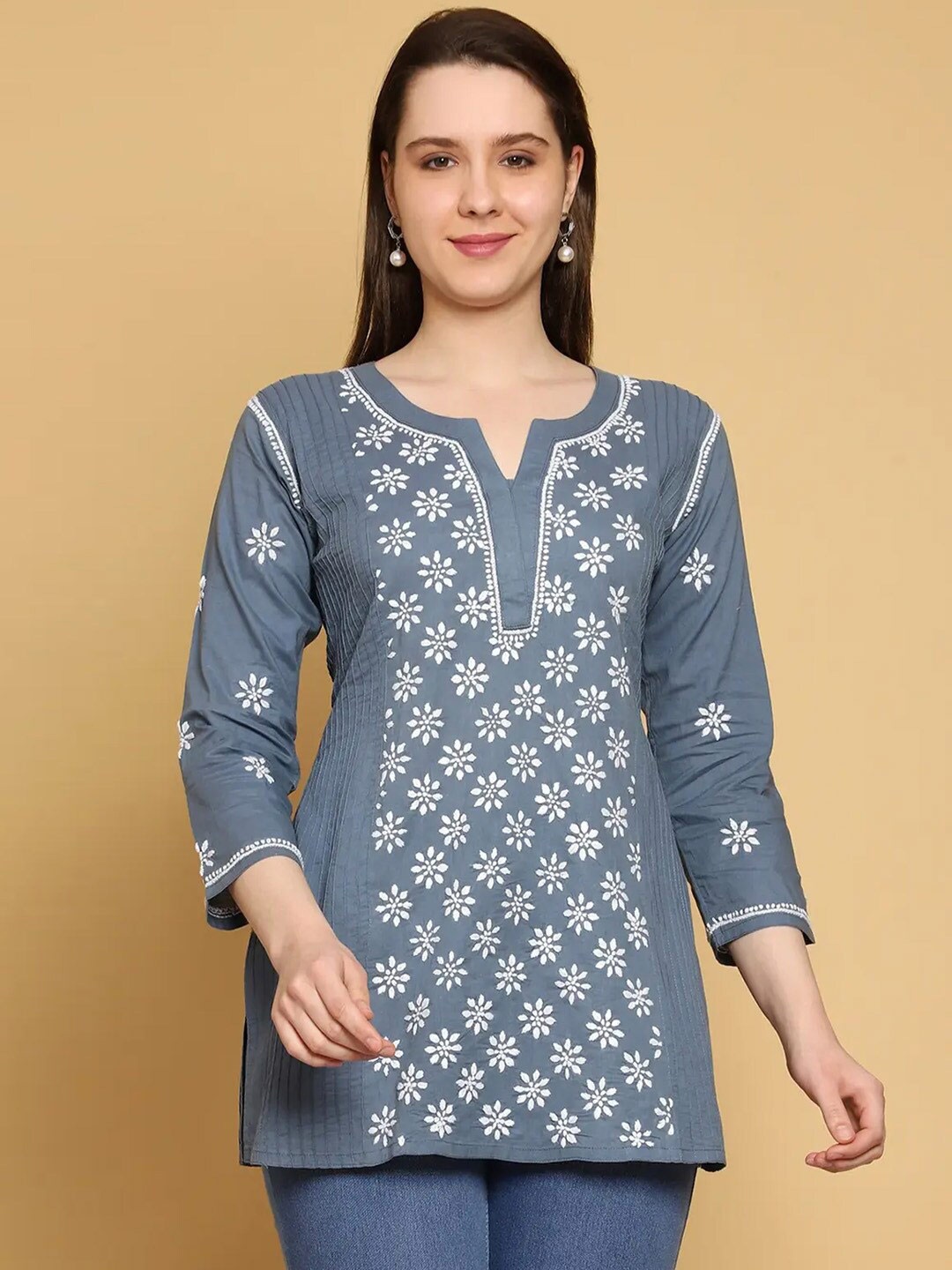 

ADA Ethnic Motifs Lucknowi Chikankari Embroidered Pure Cotton Kurti, Grey