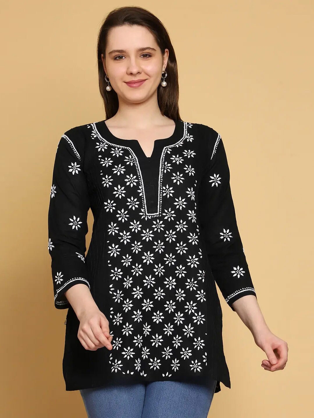 

ADA Ethnic Motifs Lucknowi Chikankari Embroidered Pure Cotton Kurti, Black
