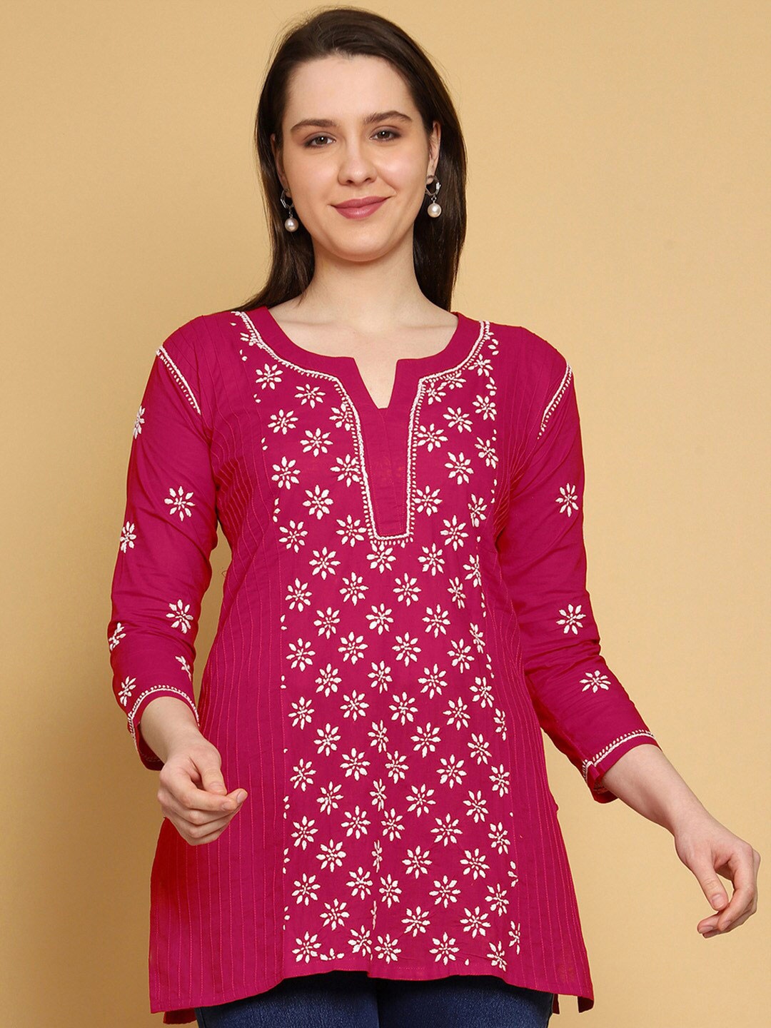 

ADA Ethnic Motifs Lucknowi Chikankari Embroidered Pure Cotton Kurti, Magenta