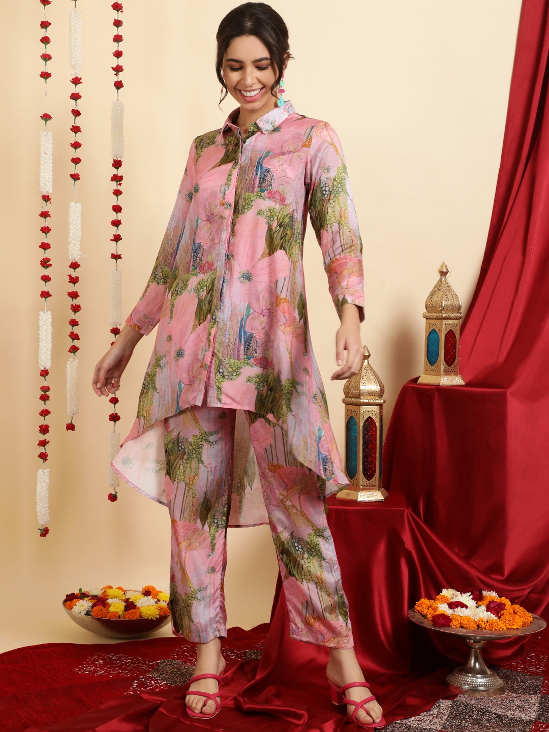 

Jaipur Kurti Printed Shirt Collar Tunic & Trousers, Pink