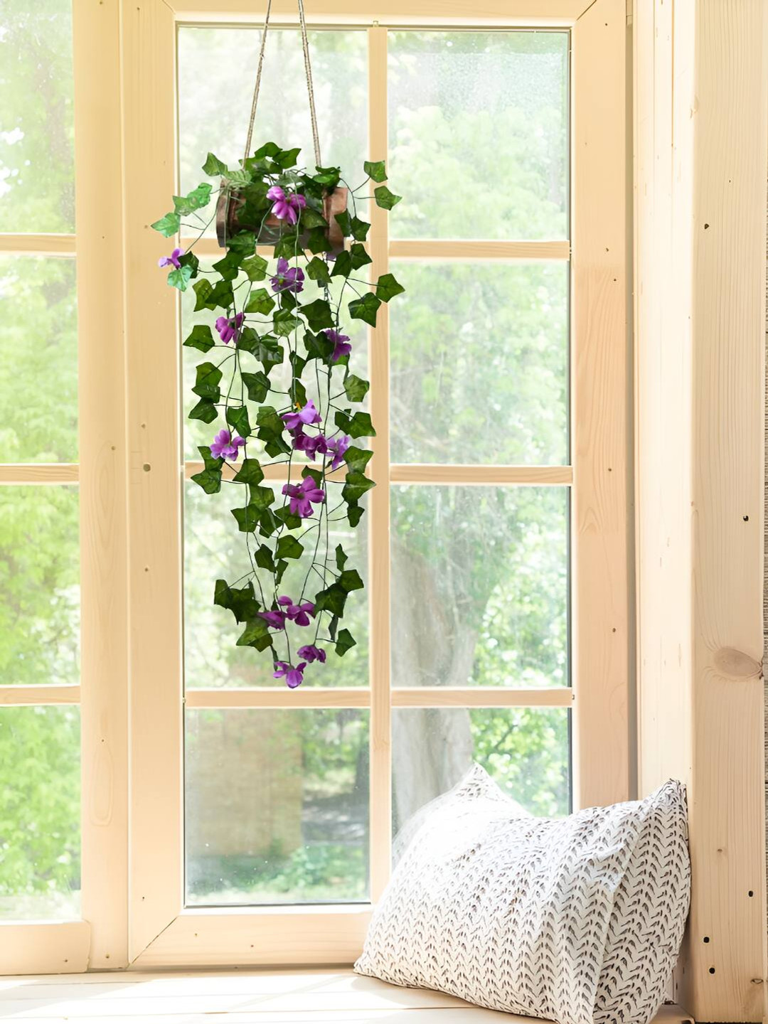 

DECOREBUGS Green & Purple Artificial Flower Maple Plant With Wooden Hanging Pot