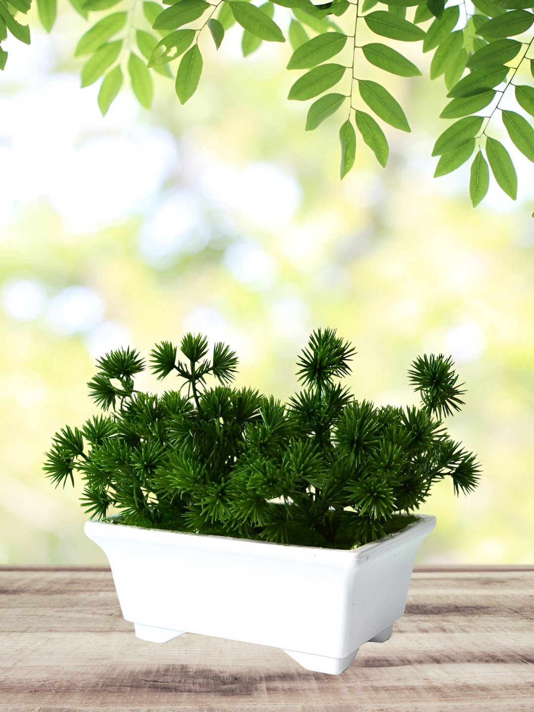 

DECOREBUGS Green & White Pine Artificial Bonasi Plant With Plastic Tray Pot