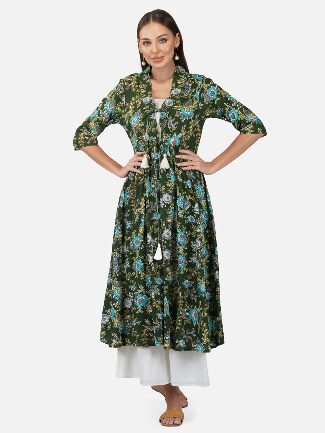 

Porsorte Floral Printed Longline Tie-Up Shrug, Green