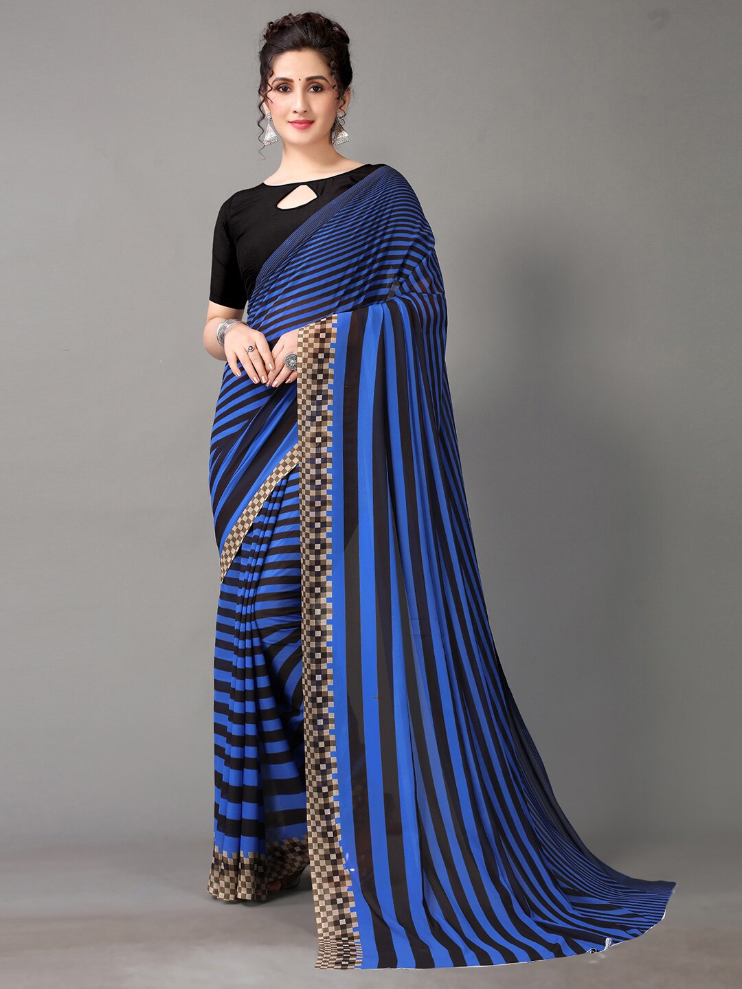 

Shaily Blue & Black Striped Poly Georgette Saree