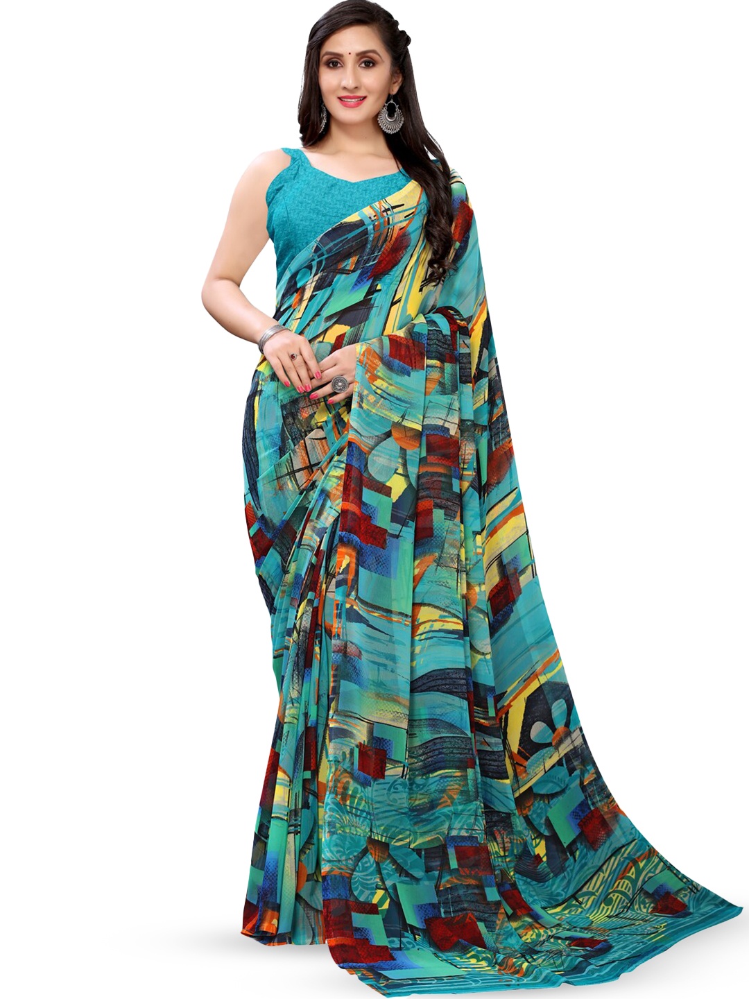 

Shaily Abstract Printed Pure Georgette Saree, Sea green
