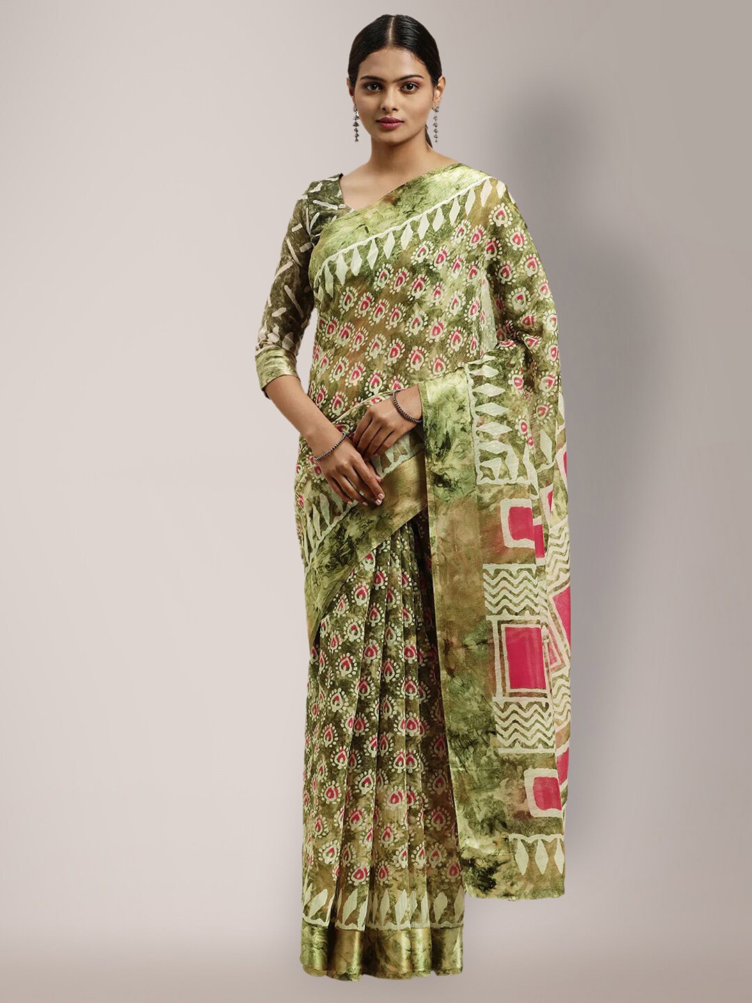 

Shaily Ethnic Motifs Printed Silk Cotton Saree, Green