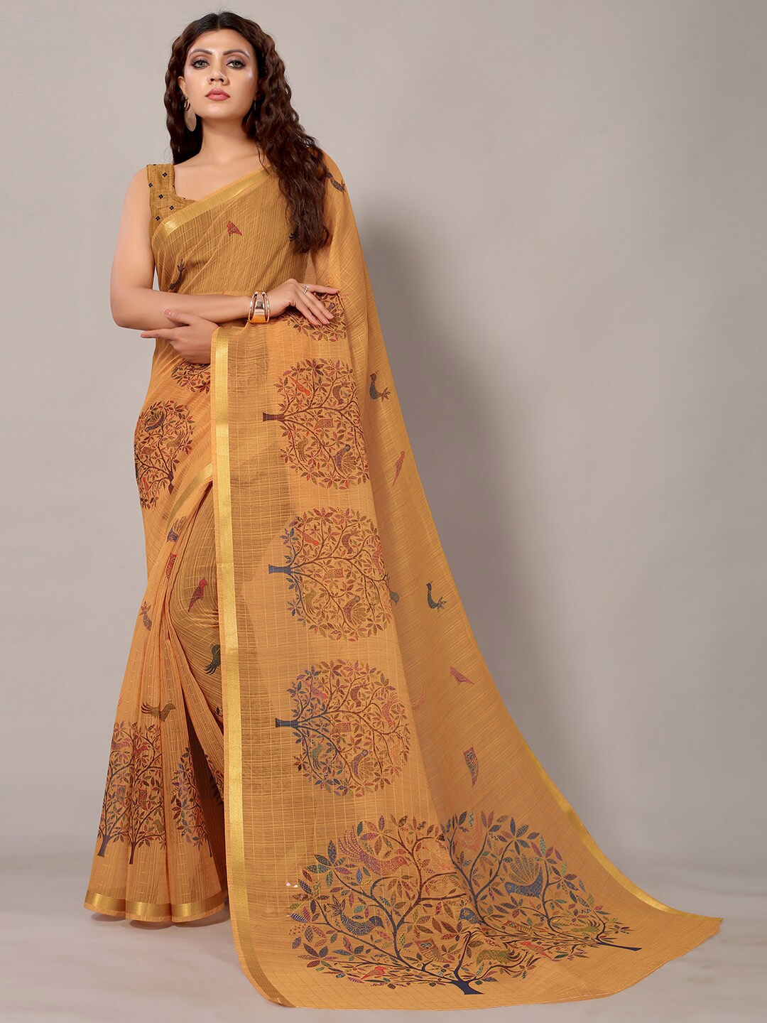 

Shaily Orange Ethnic Motifs Printed Zari Silk Saree