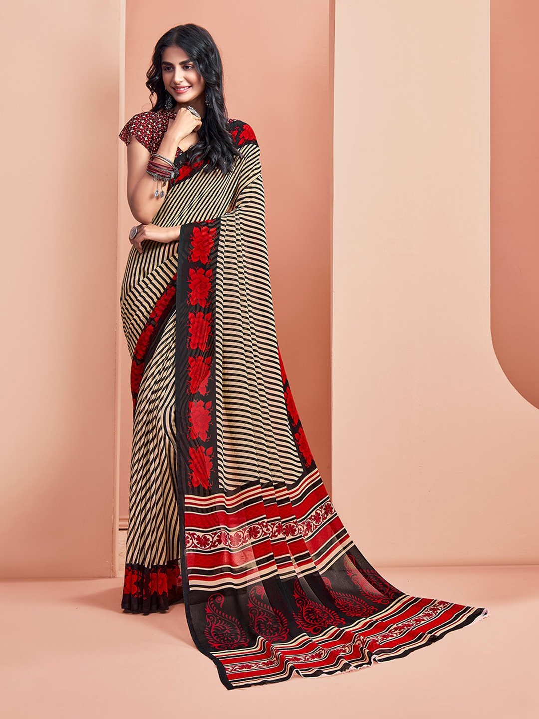 

Shaily Striped Floral Printed Saree, Beige