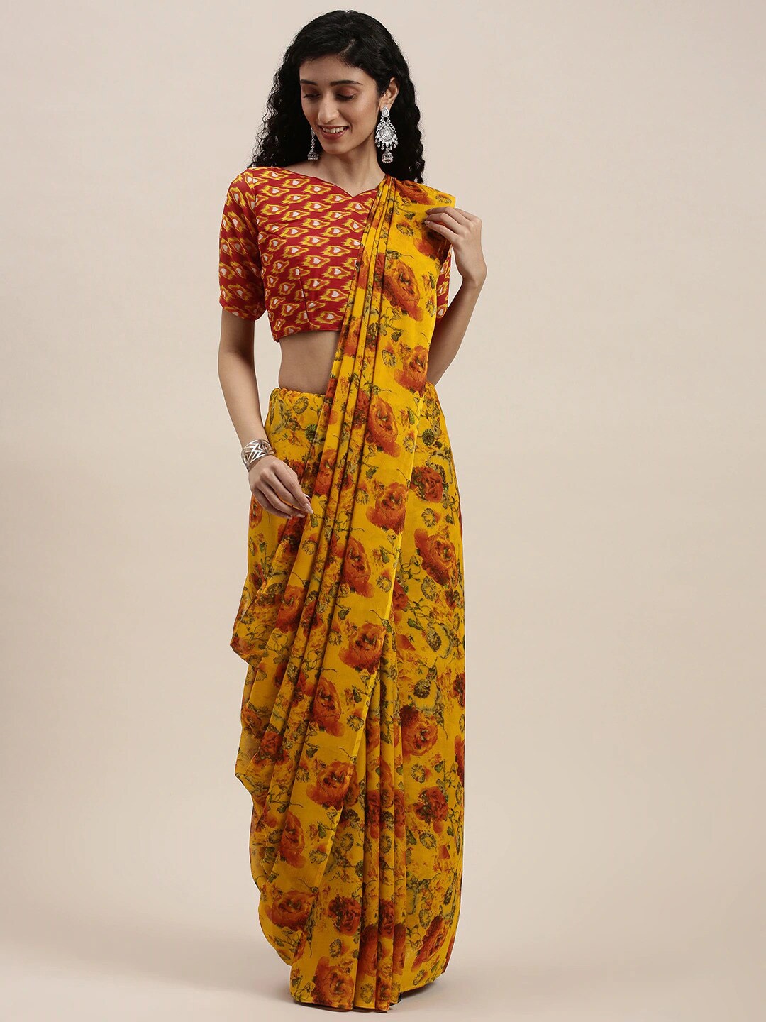 

Shaily Floral Printed Pure Georgette Saree, Yellow