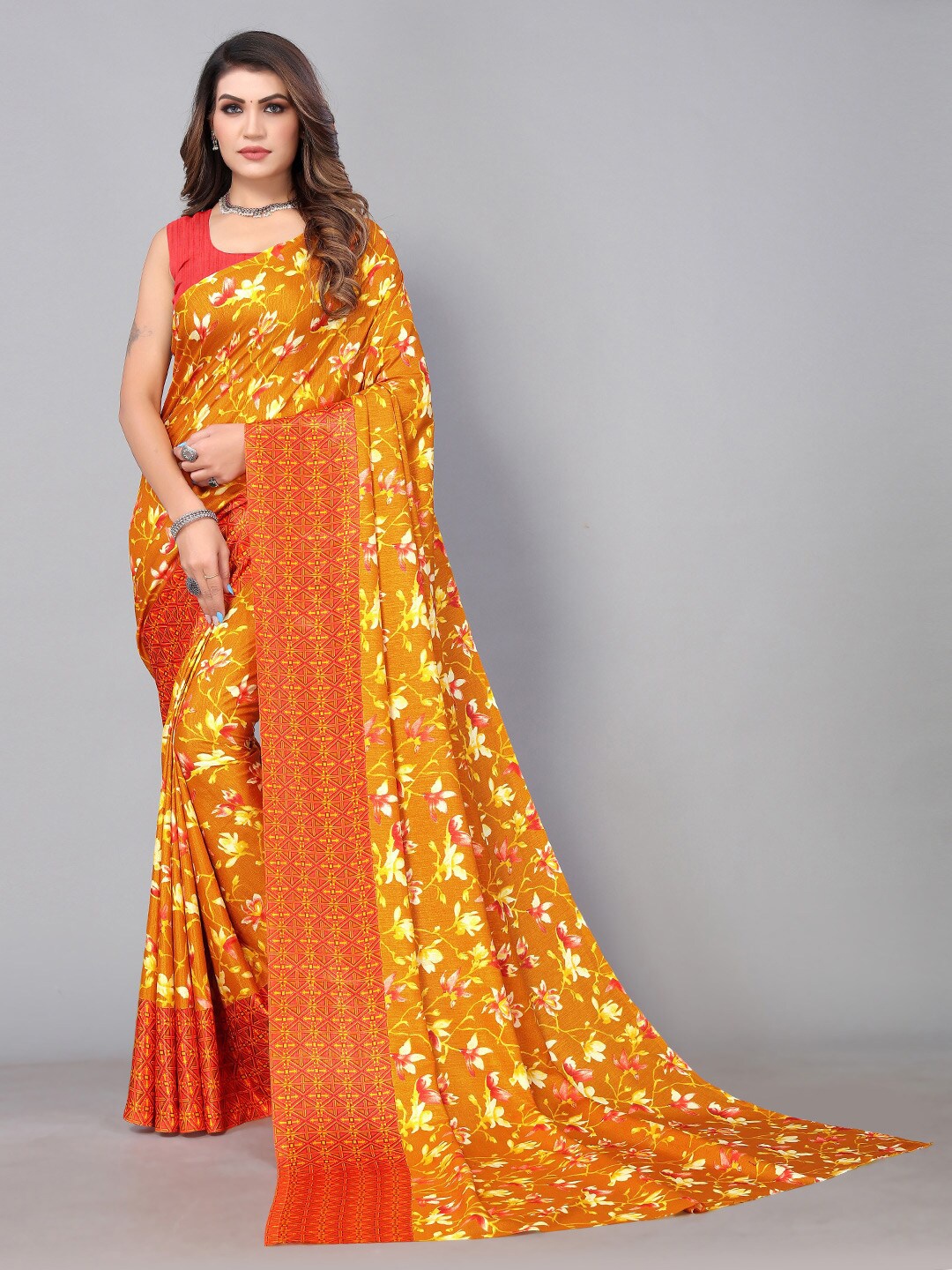 

Shaily Floral Printed Saree, Mustard