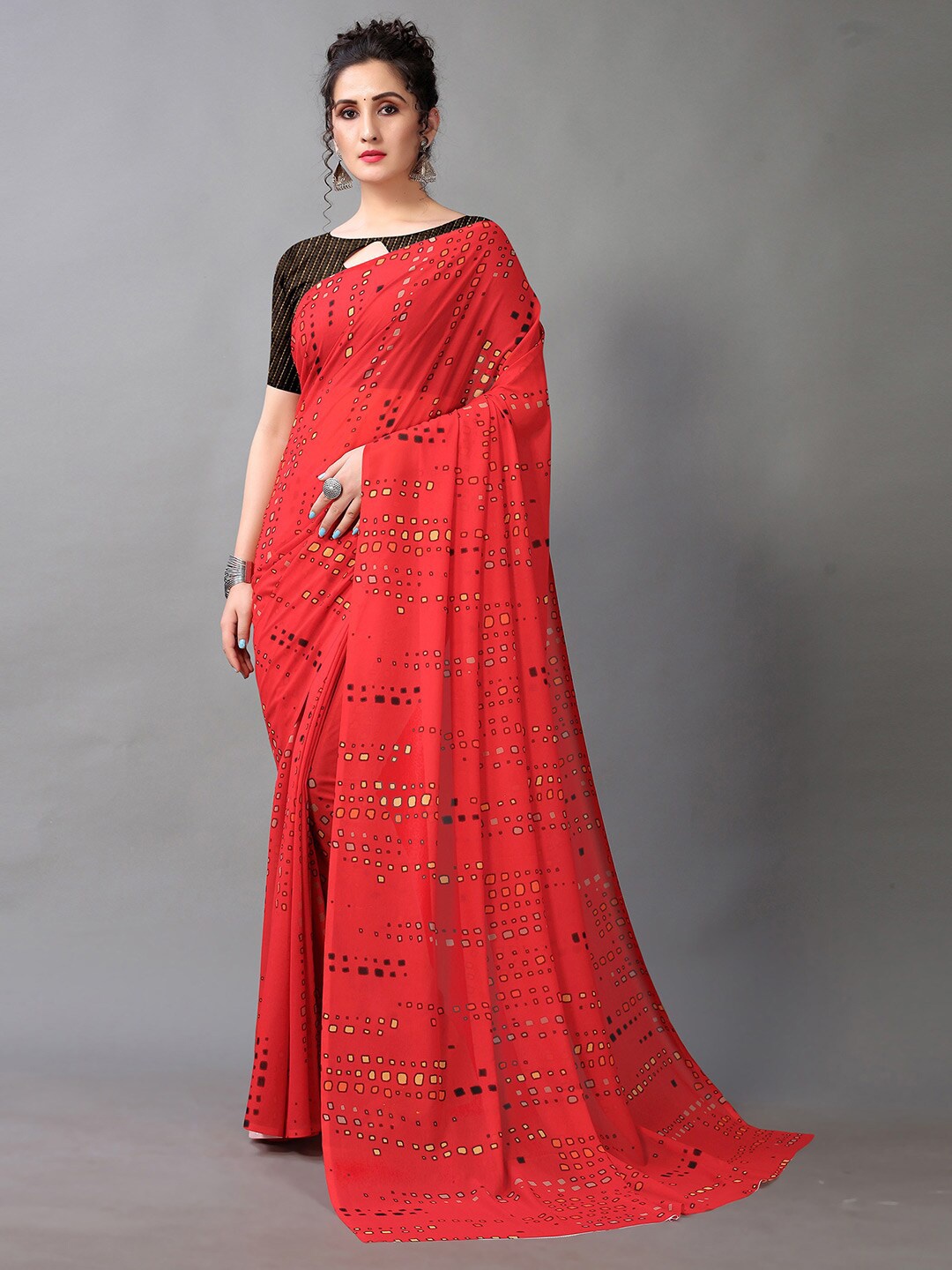 

Shaily Geometric Printed Pure Georgette Saree, Red
