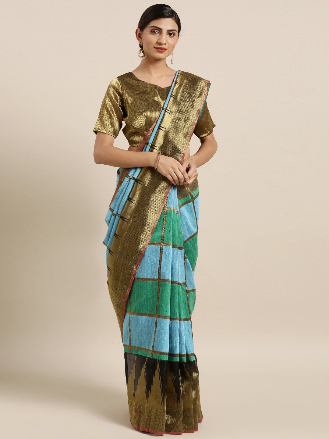 

Shaily Blue Checked Zari Silk Cotton Saree