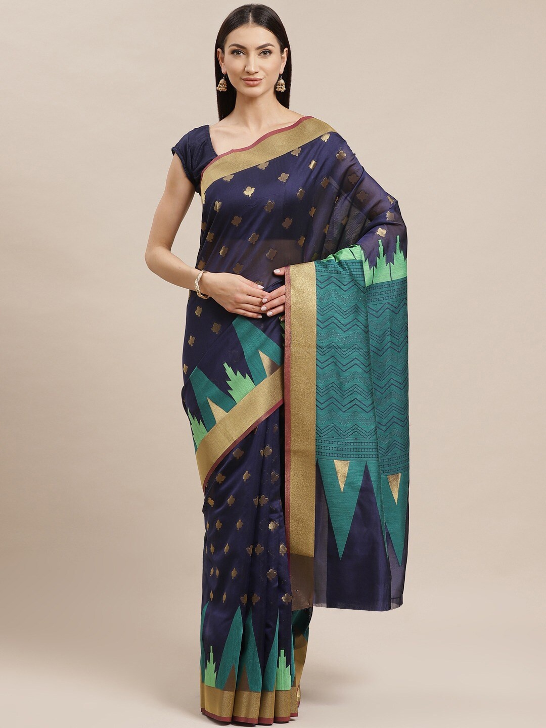 

Shaily Ethnic Motifs Woven Design Silk Cotton Saree, Navy blue