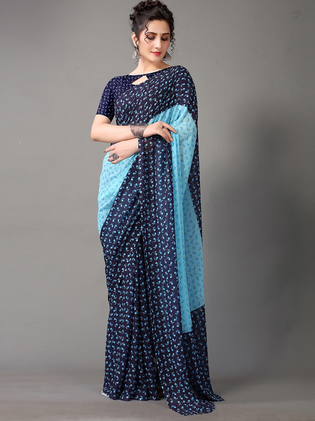 

Shaily Floral Printed Poly Georgette Saree, Navy blue