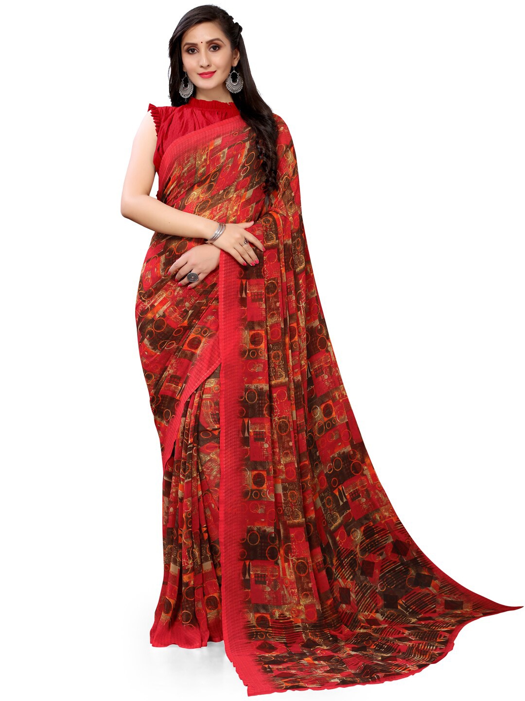

Shaily Geometric Printed Pure Georgette Saree, Red