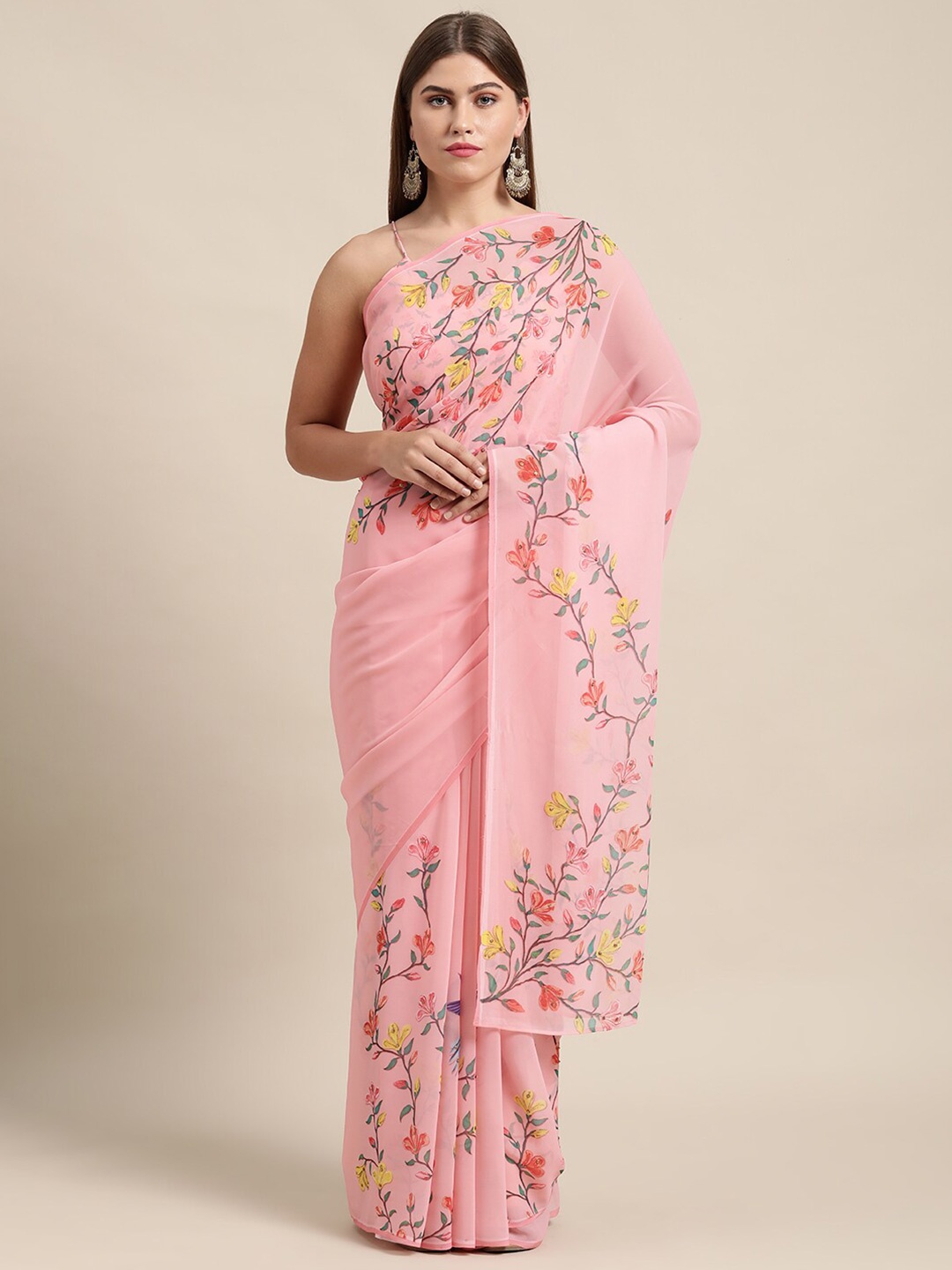 

Shaily Pink Floral Printed Pure Georgette Saree