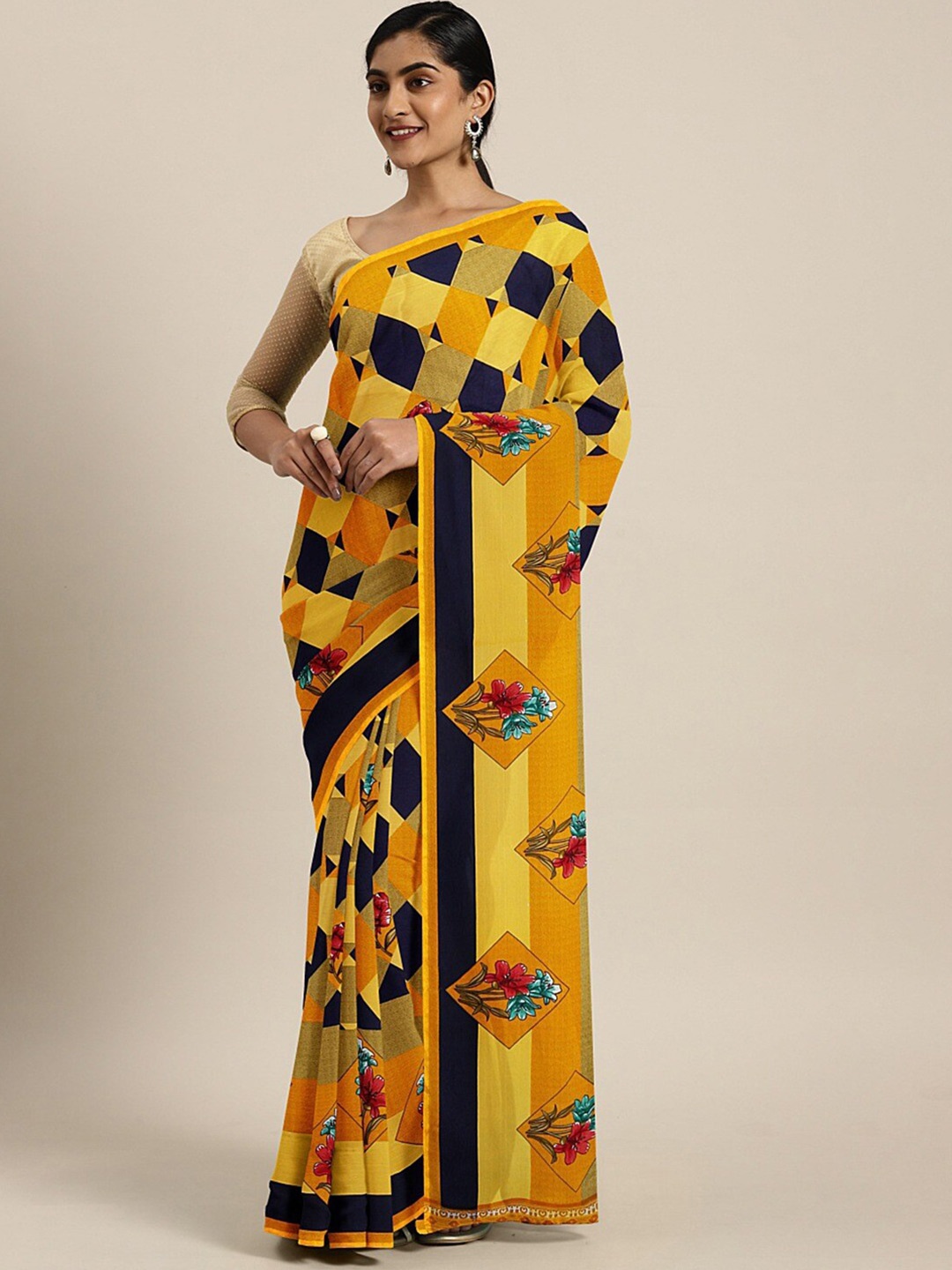 

Shaily Checked Pure Georgette Saree, Yellow