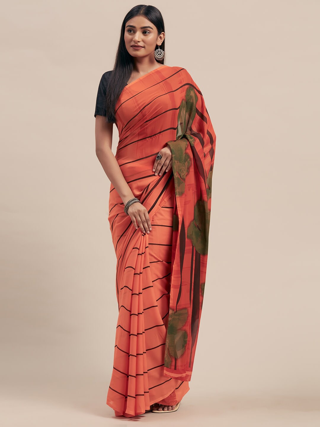 

Shaily Striped Poly Georgette Saree, Red