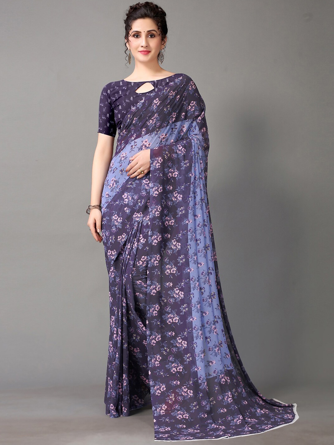 

Shaily Floral Printed Pure Georgette Saree, Navy blue