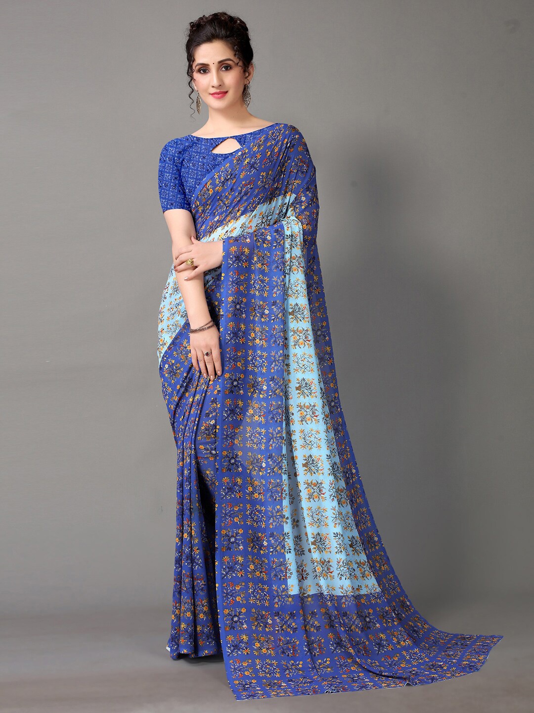 

Shaily Ethnic Motifs Printed Pure Georgette Saree, Blue