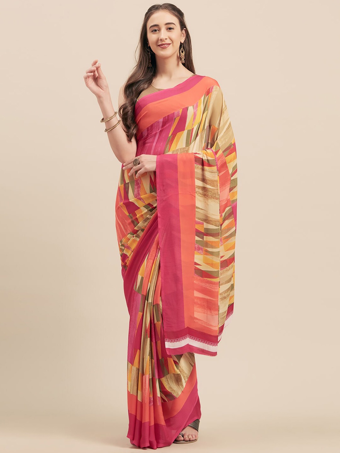 

Shaily Pink & Yellow Geometric Printed Saree