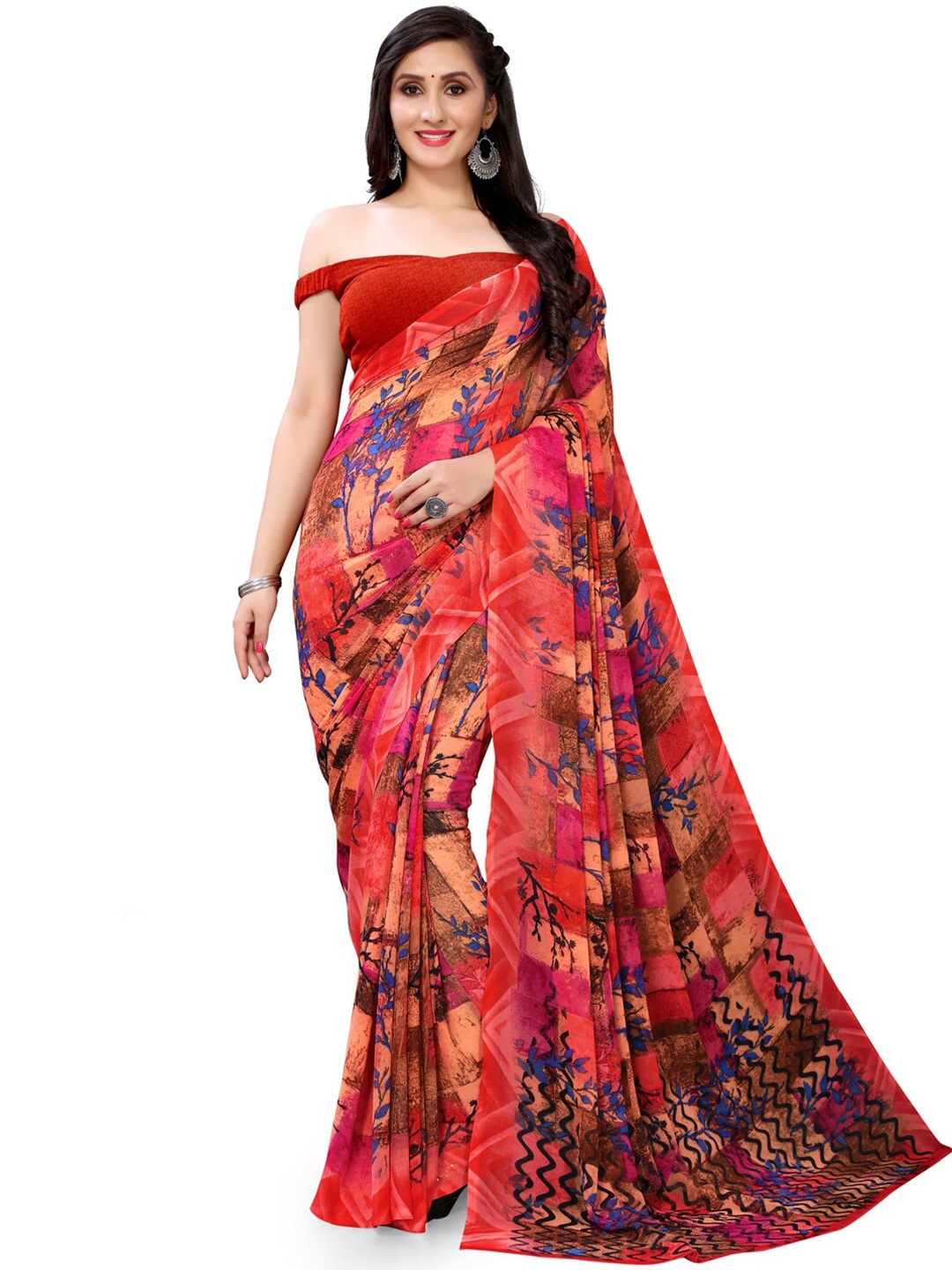 

Shaily Floral Printed Pure Georgette Saree, Red