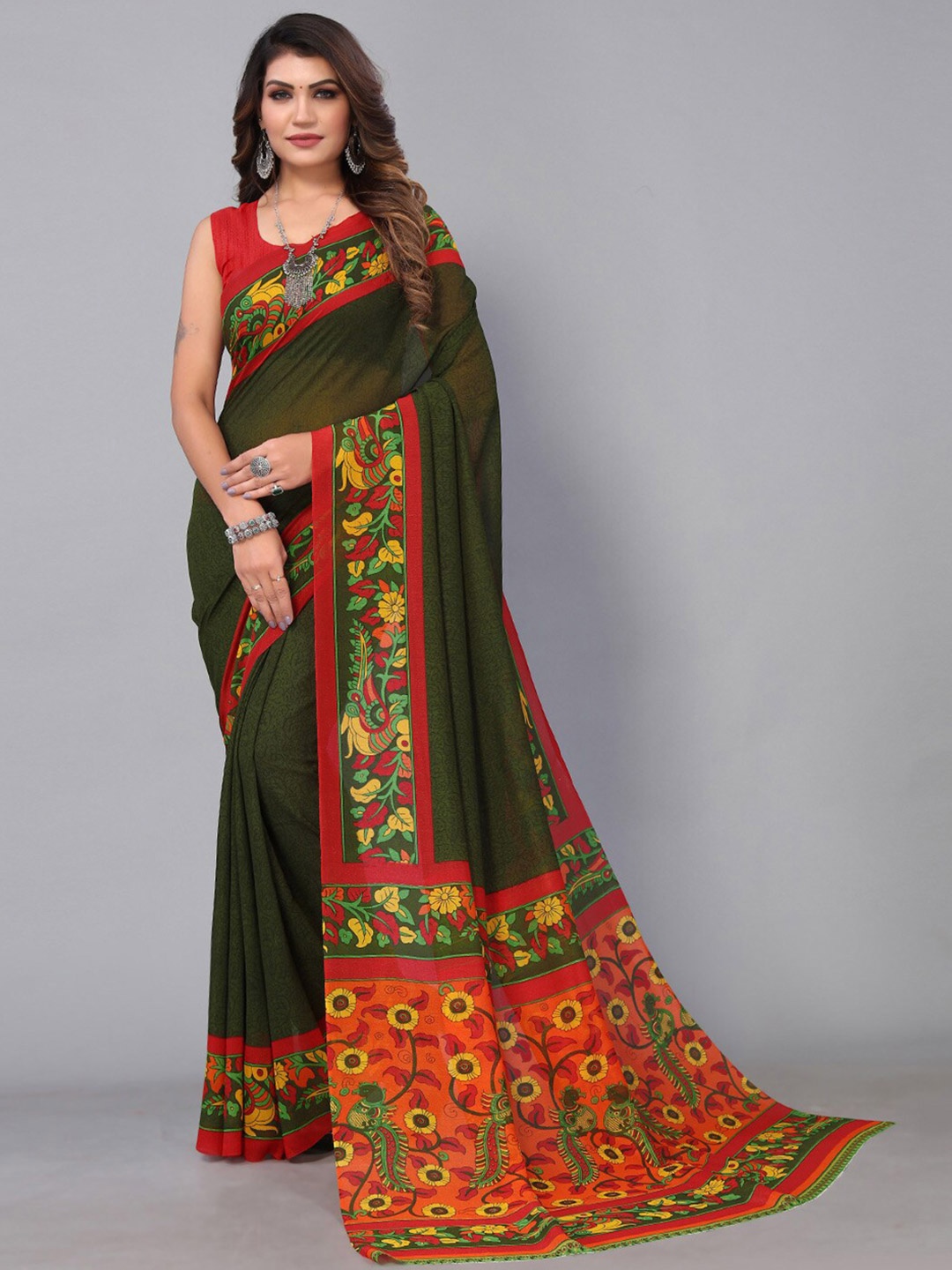 

Shaily Ethnic Motifs Printed Georgette Saree, Green