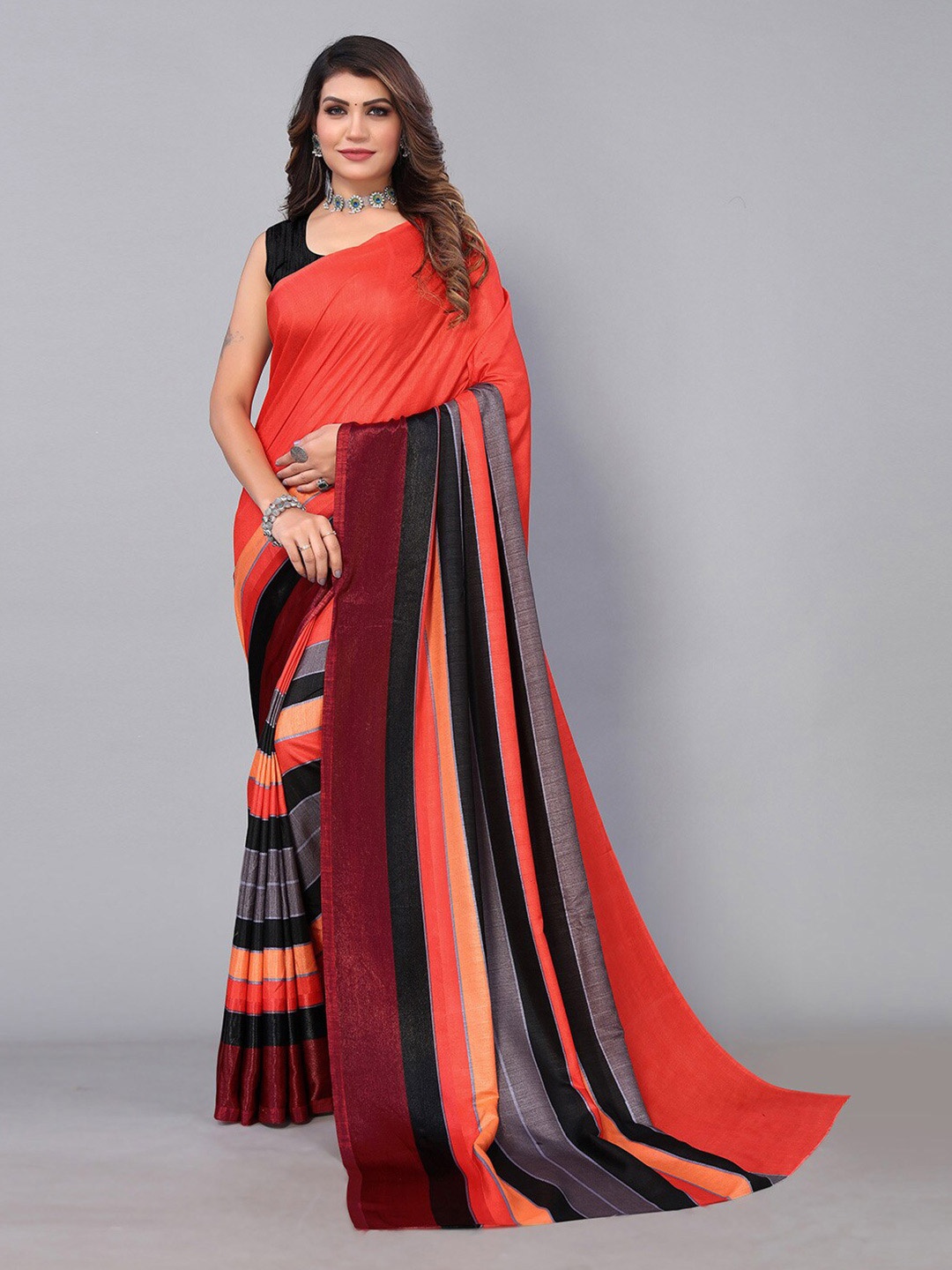 

Shaily Red & Black Striped Poly Georgette Saree