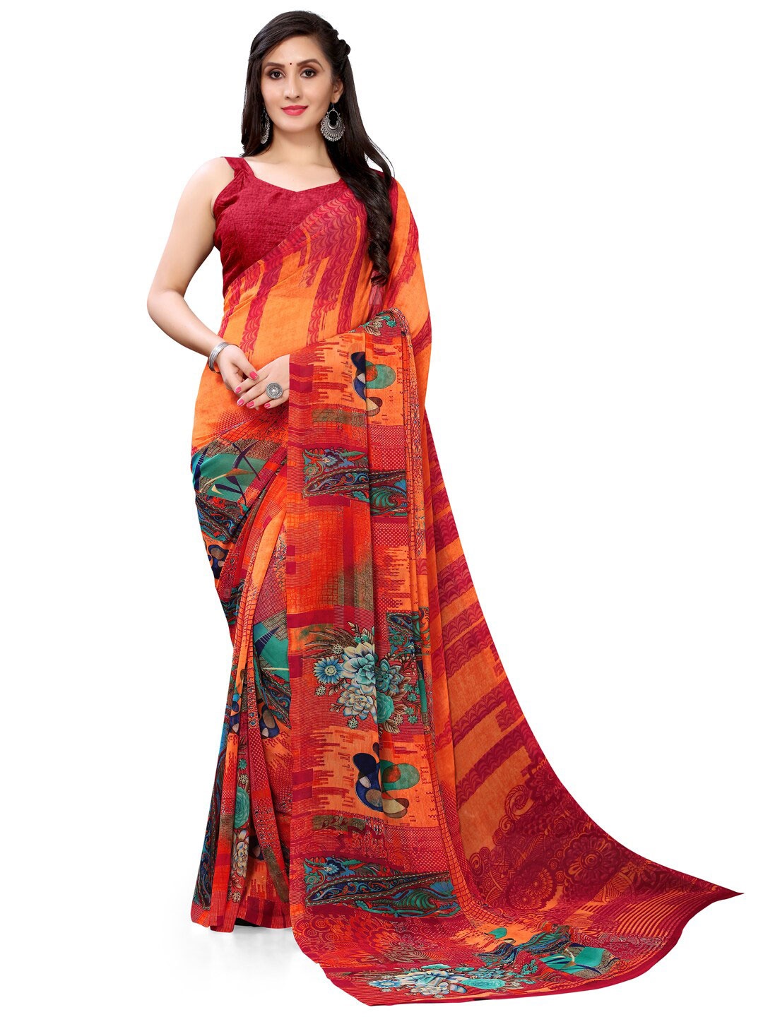 

Shaily Floral Printed Pure Georgette Saree, Red