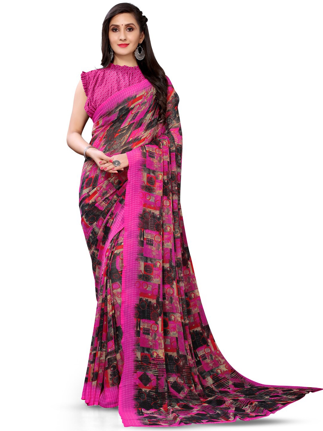 

Shaily Geometric Printed Pure Georgette Saree, Pink