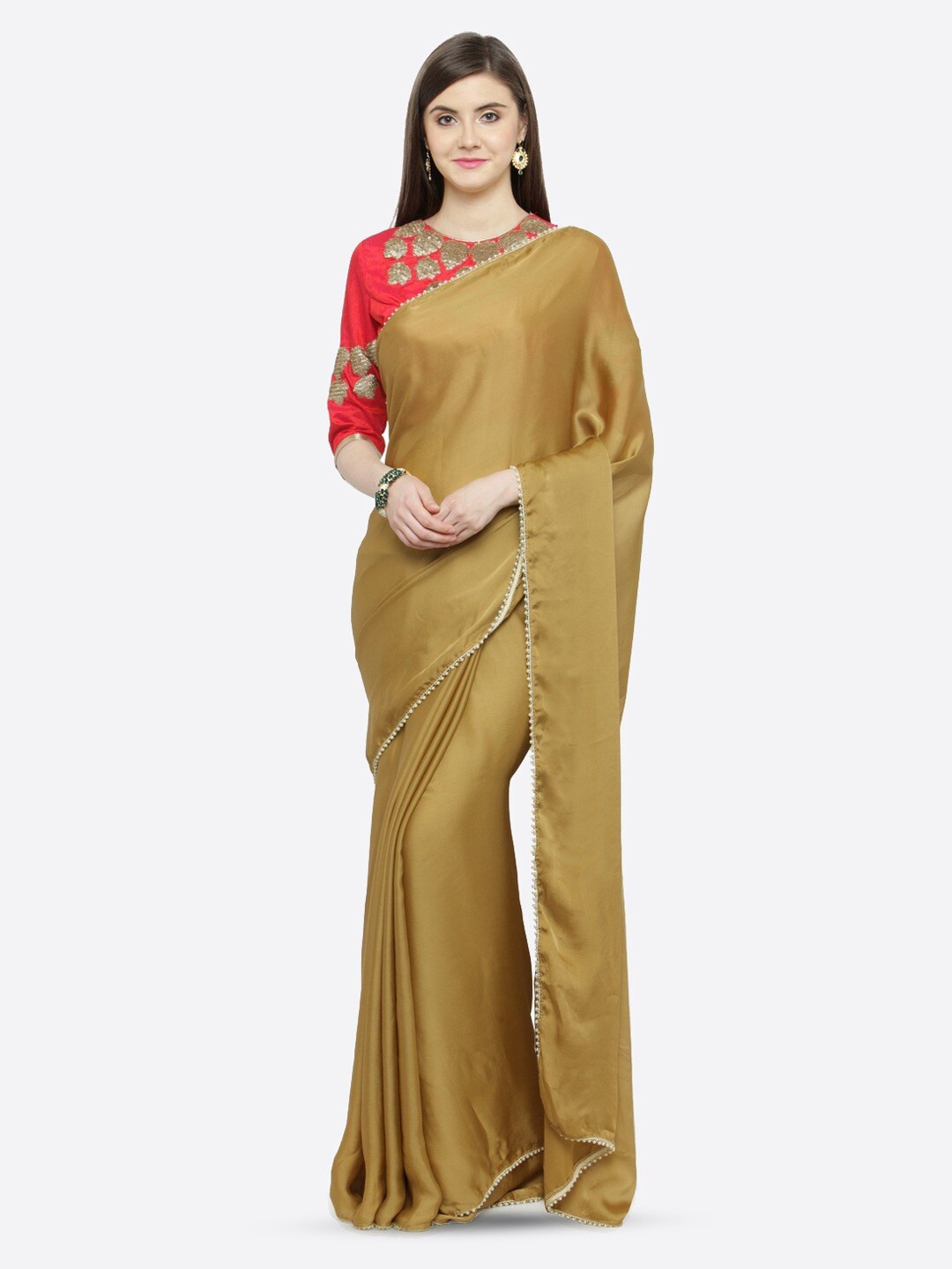 

Shaily Embellished Border Satin Saree, Beige